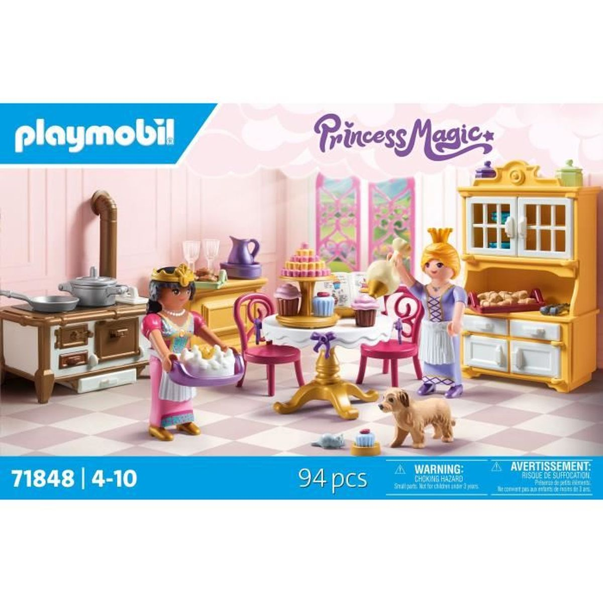 Playmobil Prinzessinnenküche mit Figuren, Hund, Kuchen und Möbeln.