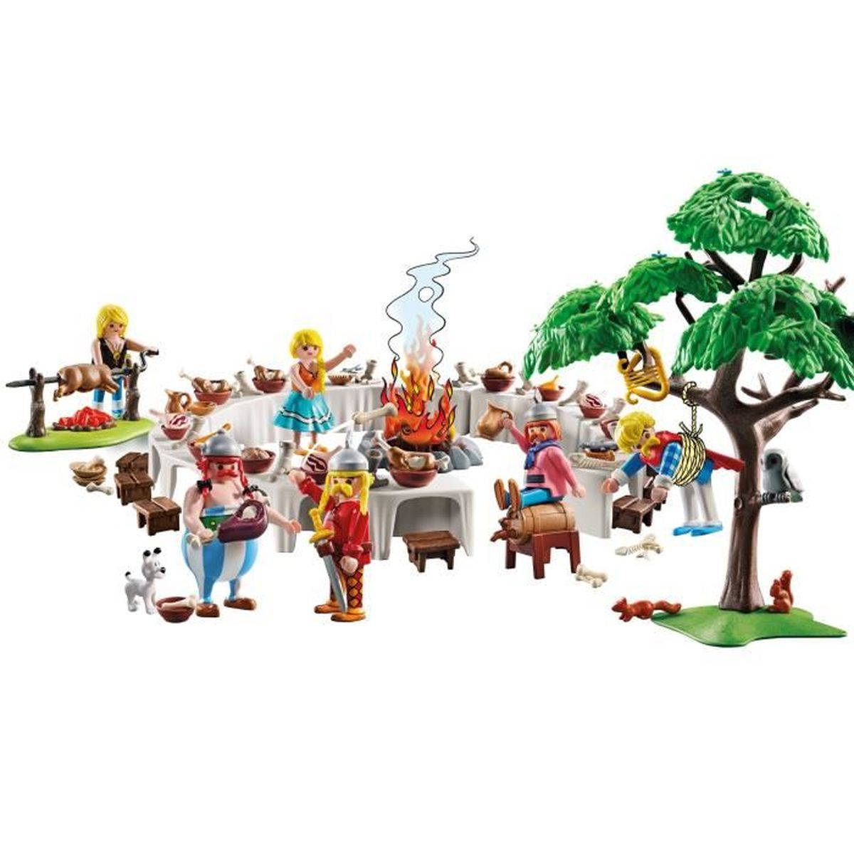 Festa medievale con figure ai tavoli, falò e un albero.