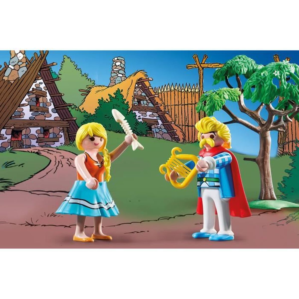 Figure Playmobil maschili e femminili stanno all'aperto davanti alle case.