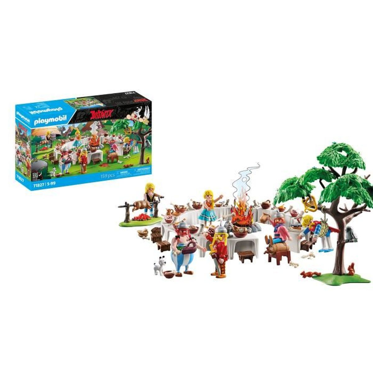 Set Playmobil Asterix: un banchetto con figure, tavoli, fuoco e alberi.
