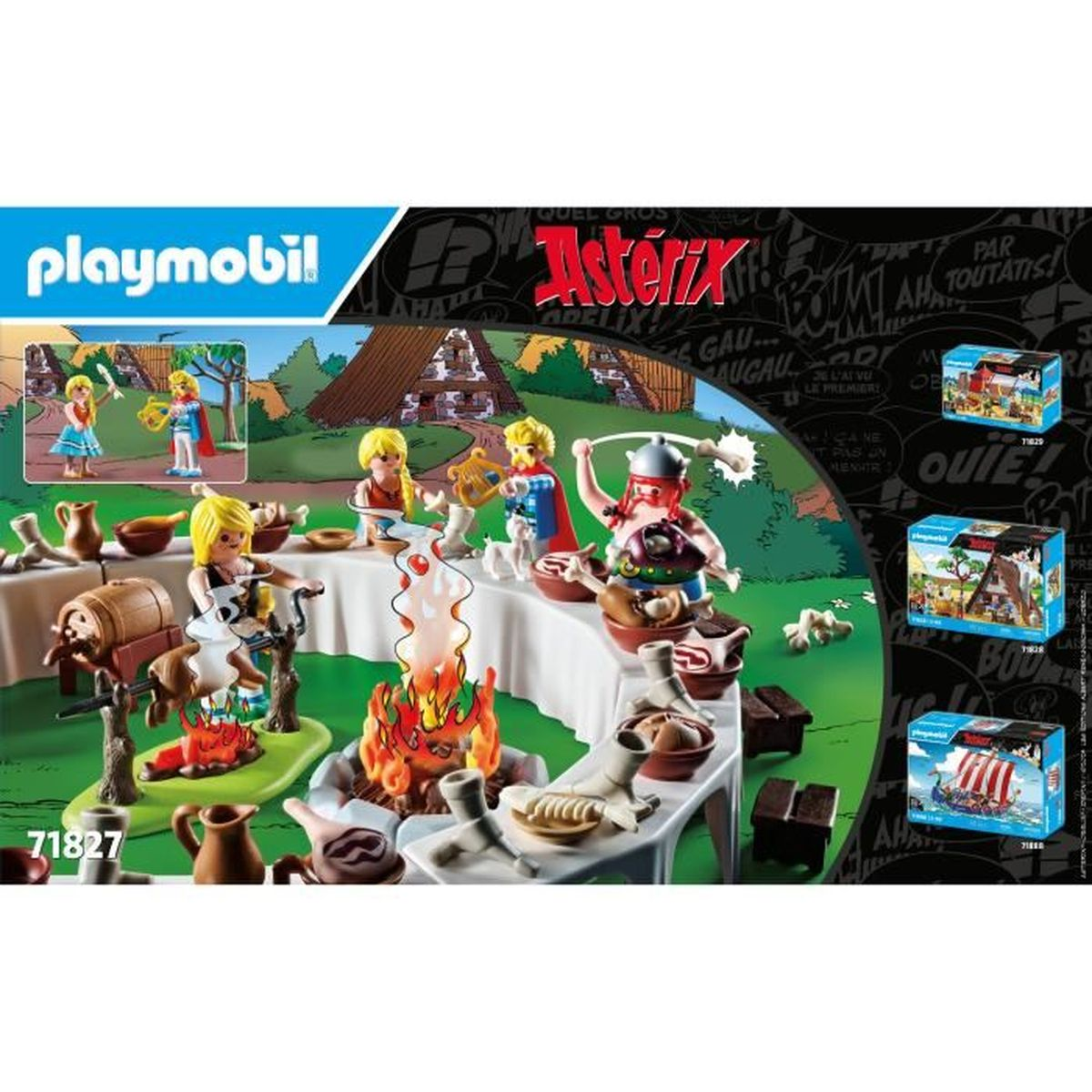 Figure Playmobil Asterix a un banchetto con falò e carne arrosto.