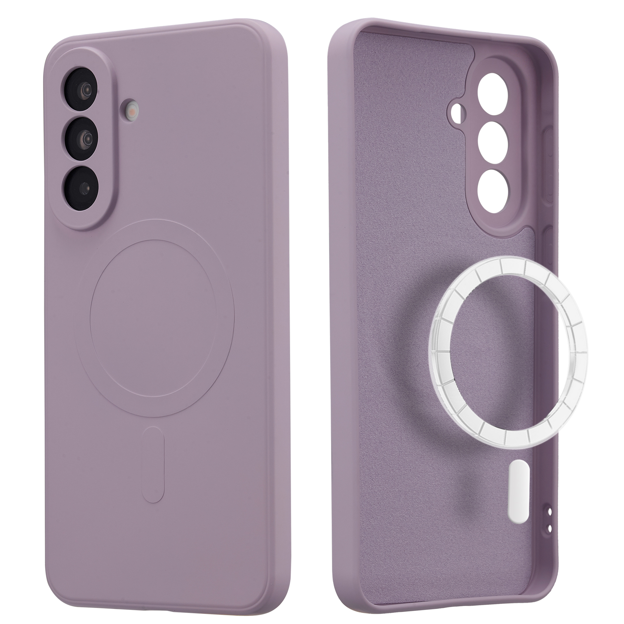 Coque de téléphone violette, vues avant et arrière. Découpe triple.