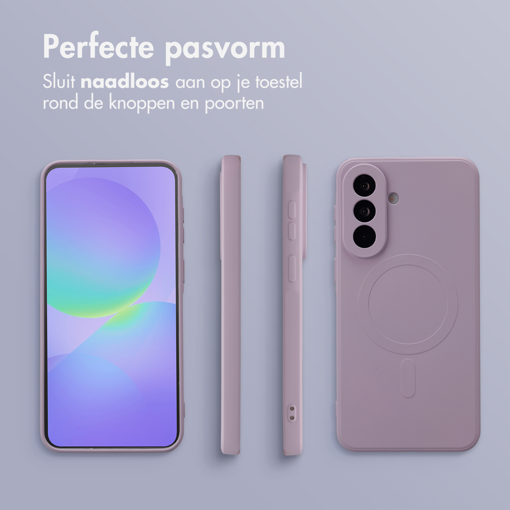 Un téléphone violet clair avec étui, vues de face, de côté et de dos.