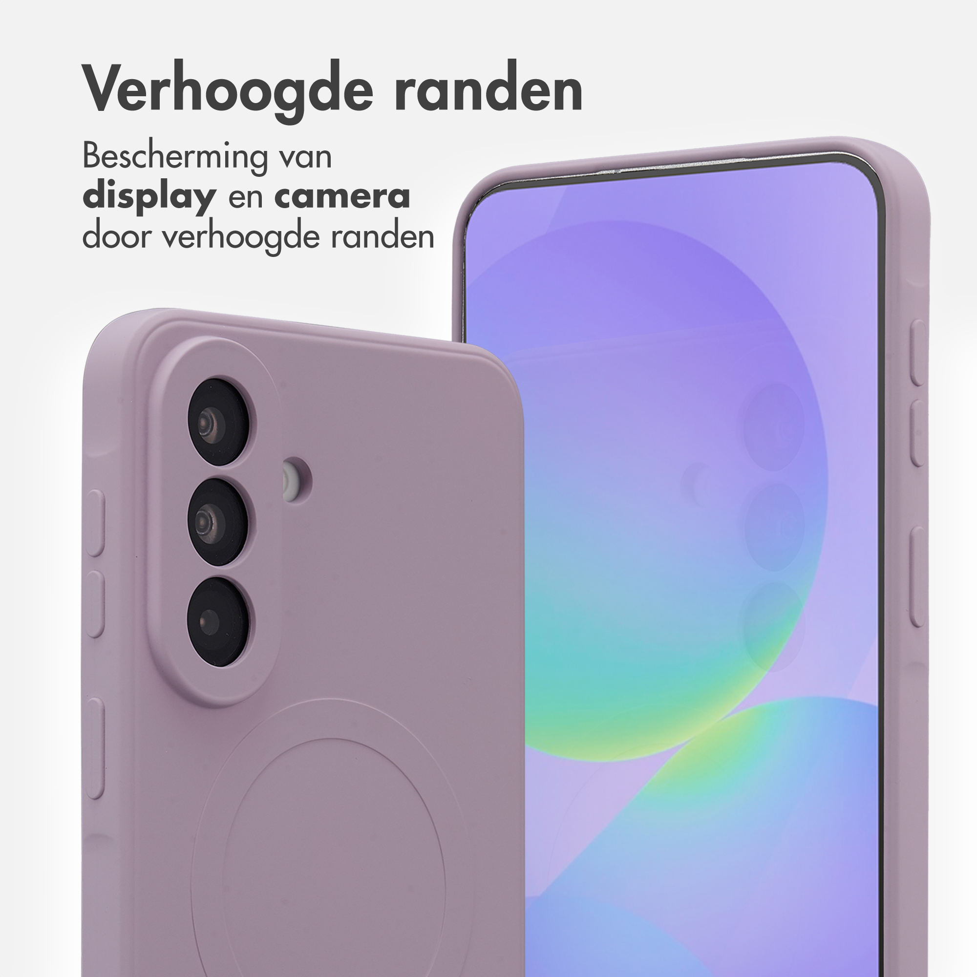Étui de téléphone violet à bords surélevés protège l'écran et l'appareil photo.