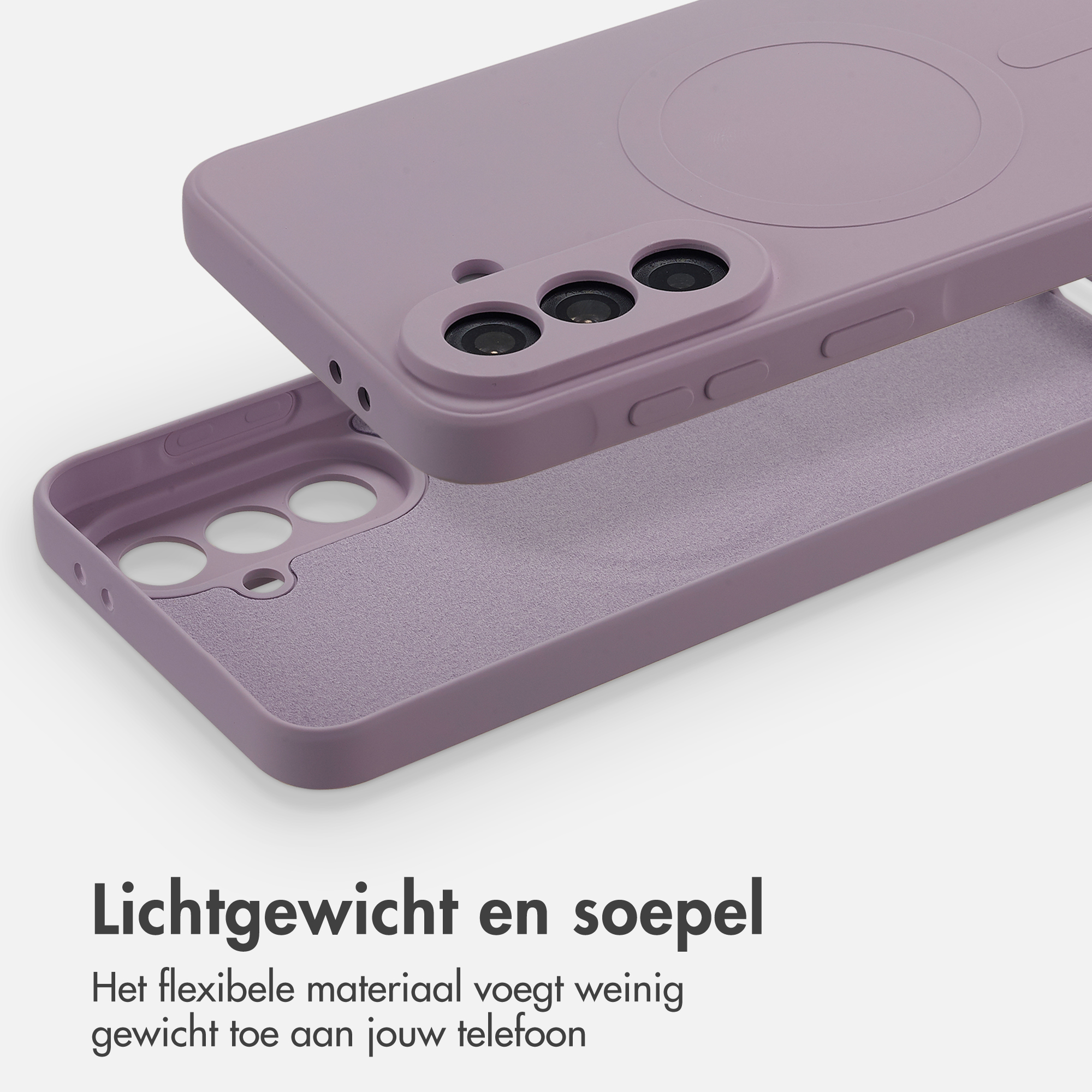 Coque de téléphone lavande avec découpes pour appareil photo et support annulaire magnétique.