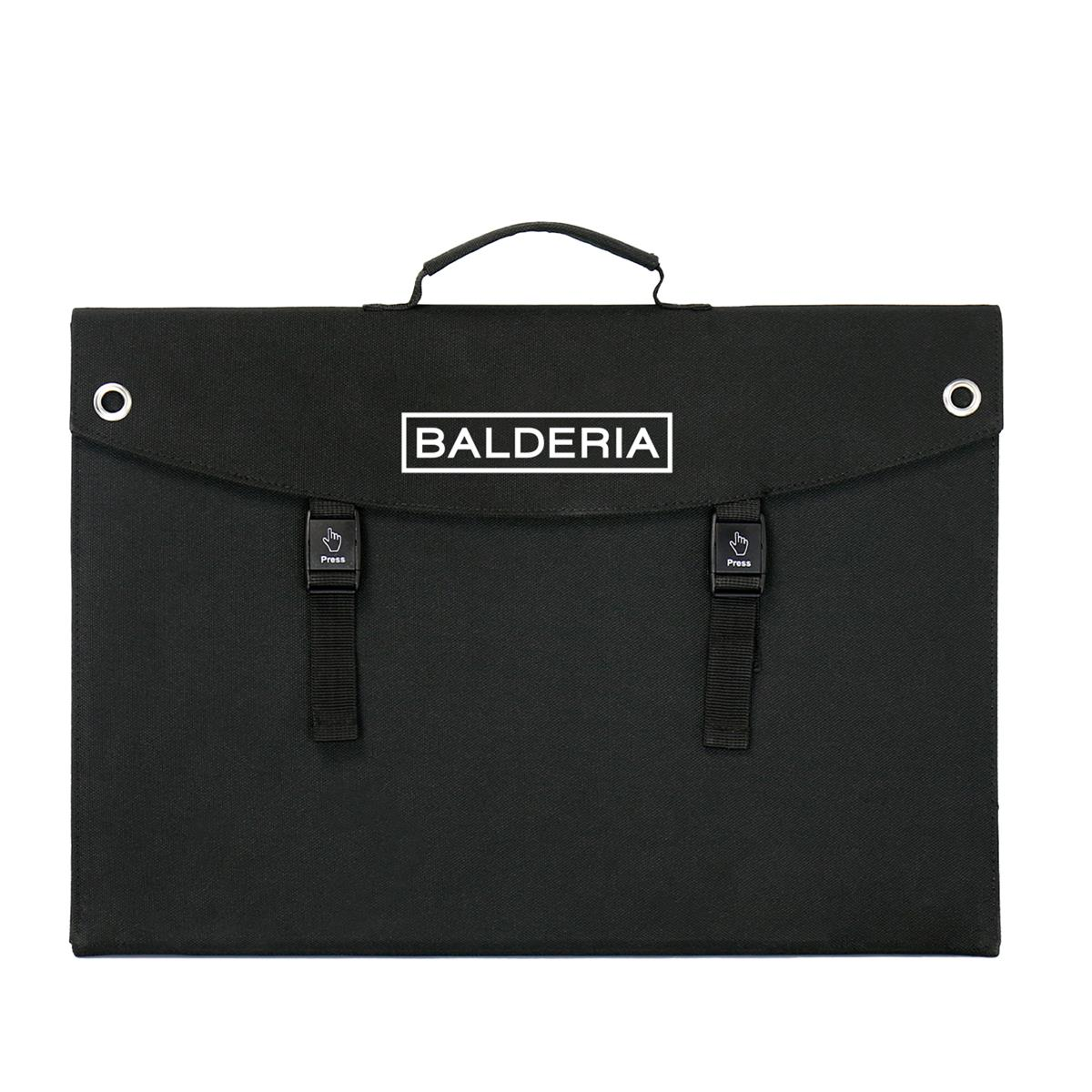 Schwarze Tasche mit Baldaria-Logo, Griff und zwei Schnallen.