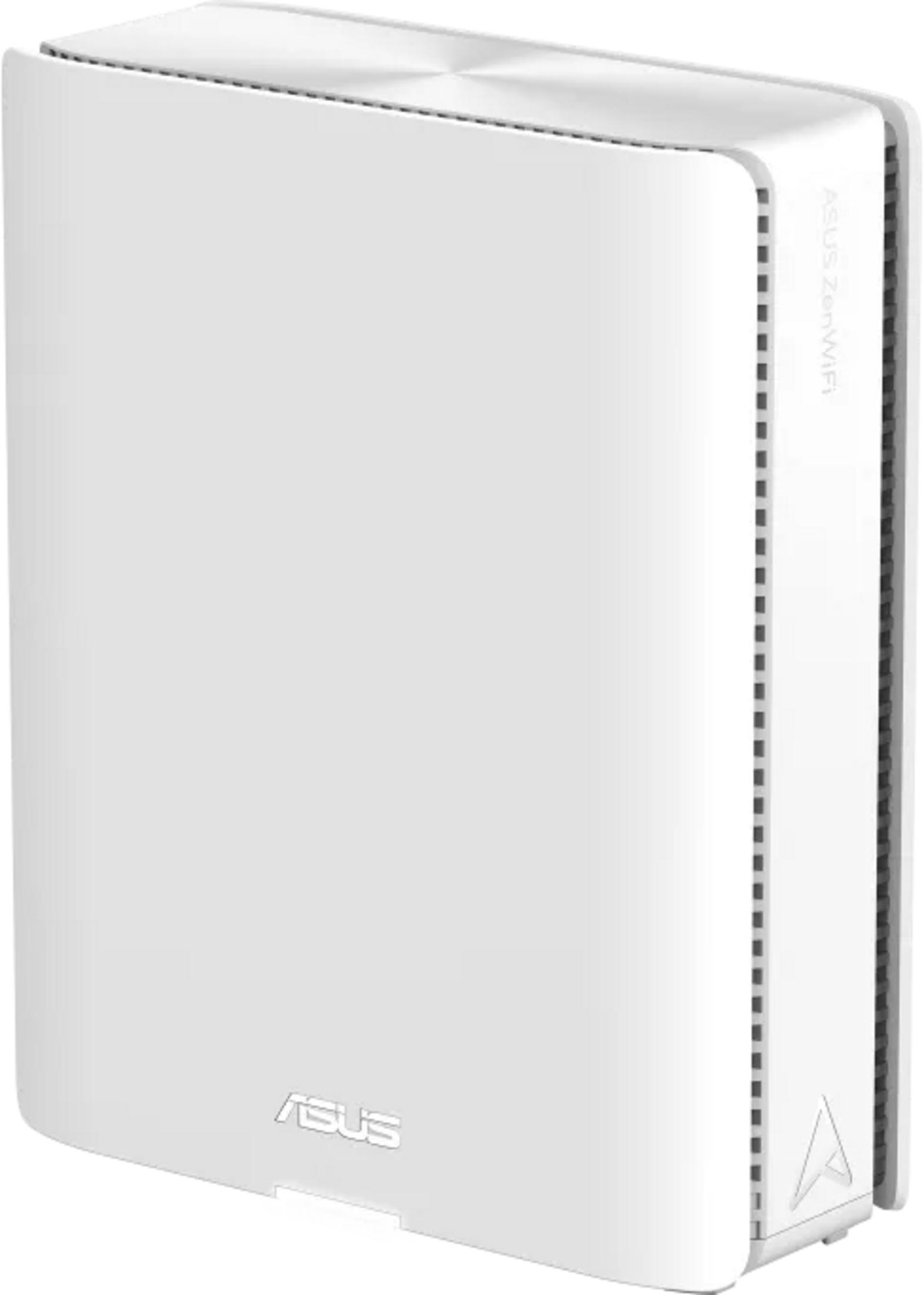 Weiße Asus ZenWiFi-Router-Einheit mit Lüftungsschlitzen und Asus-Logo.