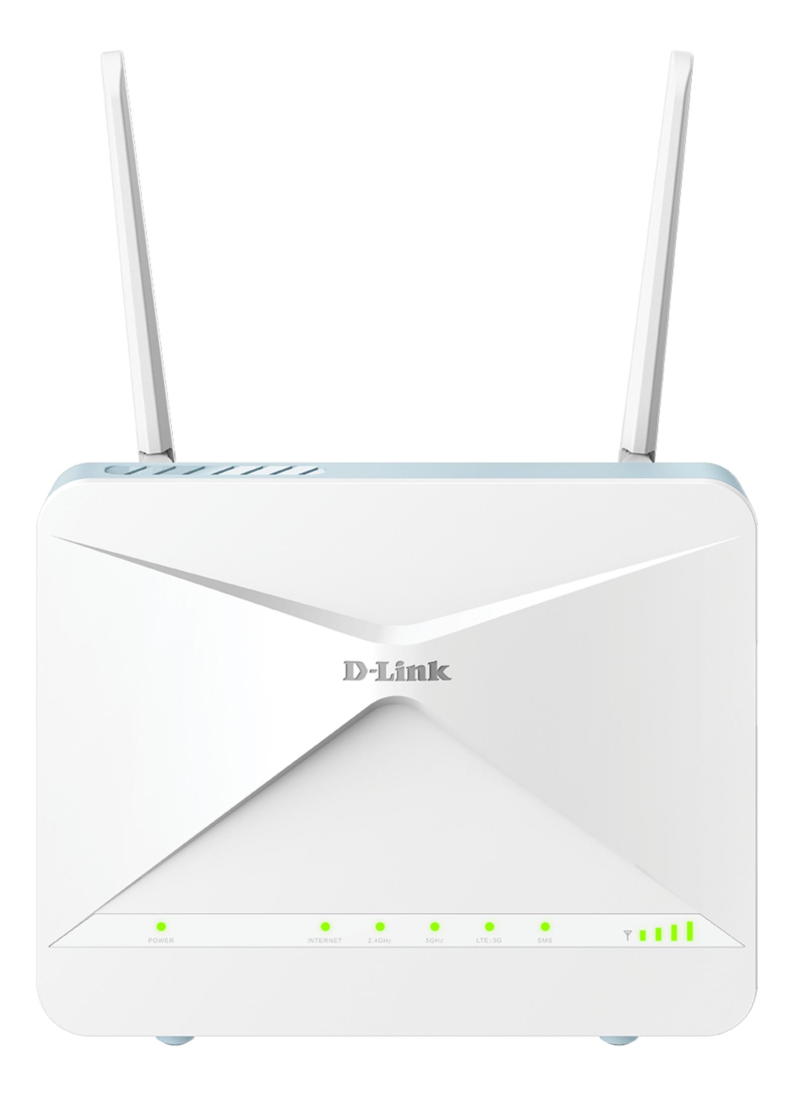 Biały router D-Link z dwiema antenami i podświetlonymi zielonymi diodami.