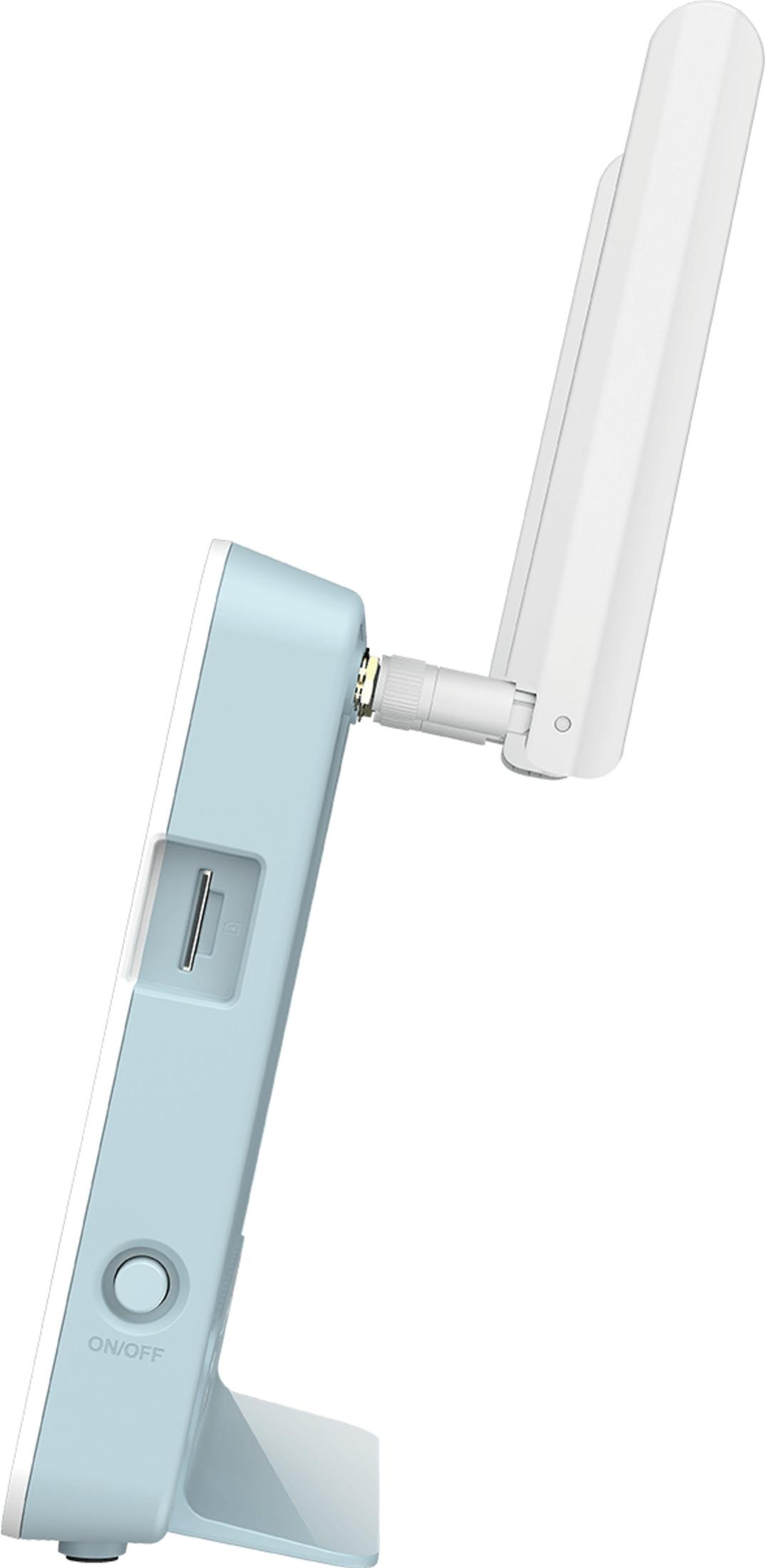 Biały router z niebieską obudową i anteną. Przycisk Wł./Wył.