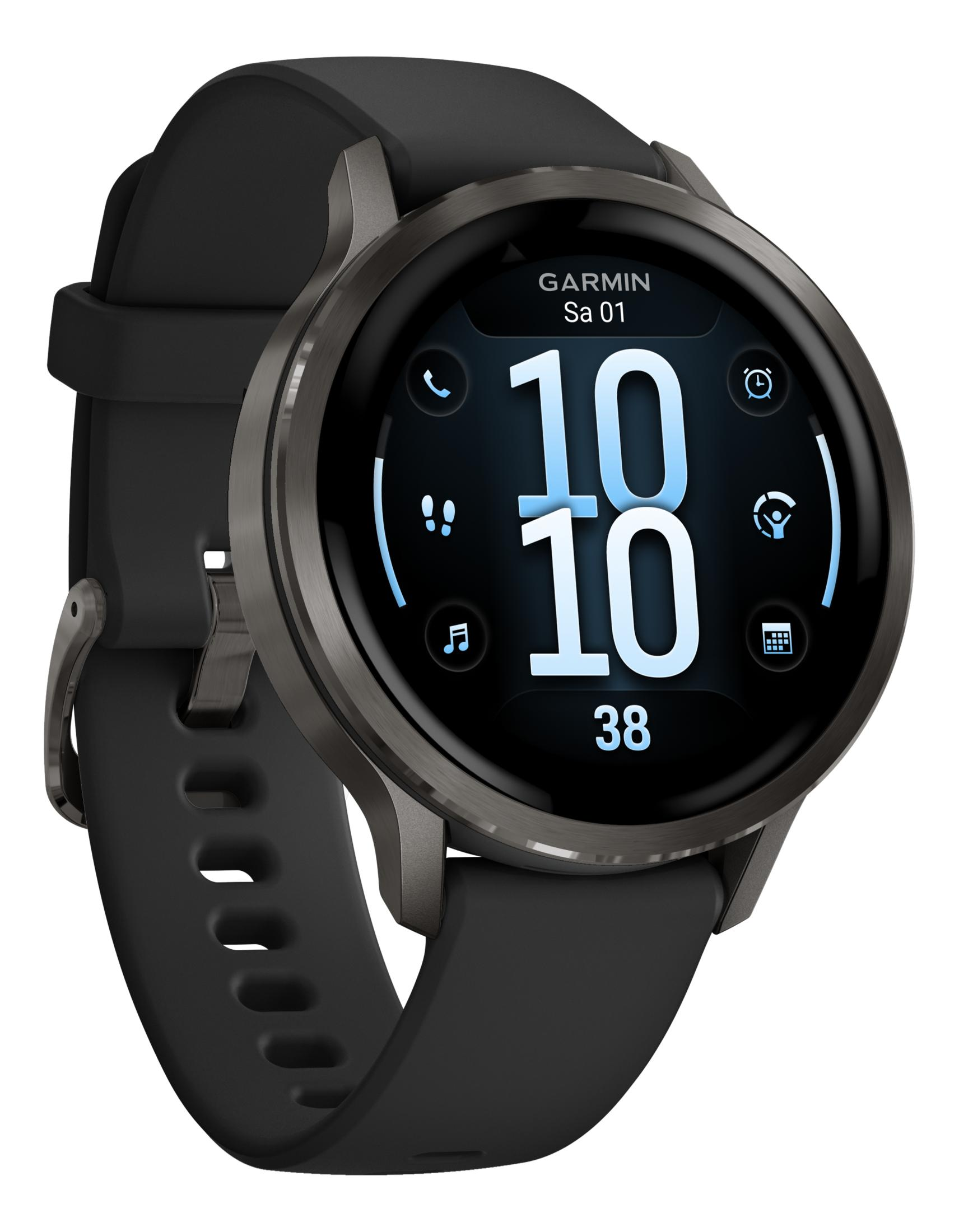 Czarny smartwatch Garmin z cyfrowym wyświetlaczem godziny i daty.