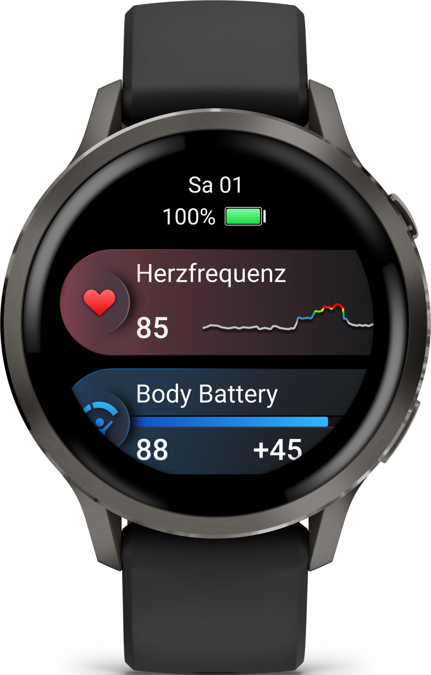 Tarcza smartwatch pokazuje tętno 85, Body Battery 88, bateria 100%.