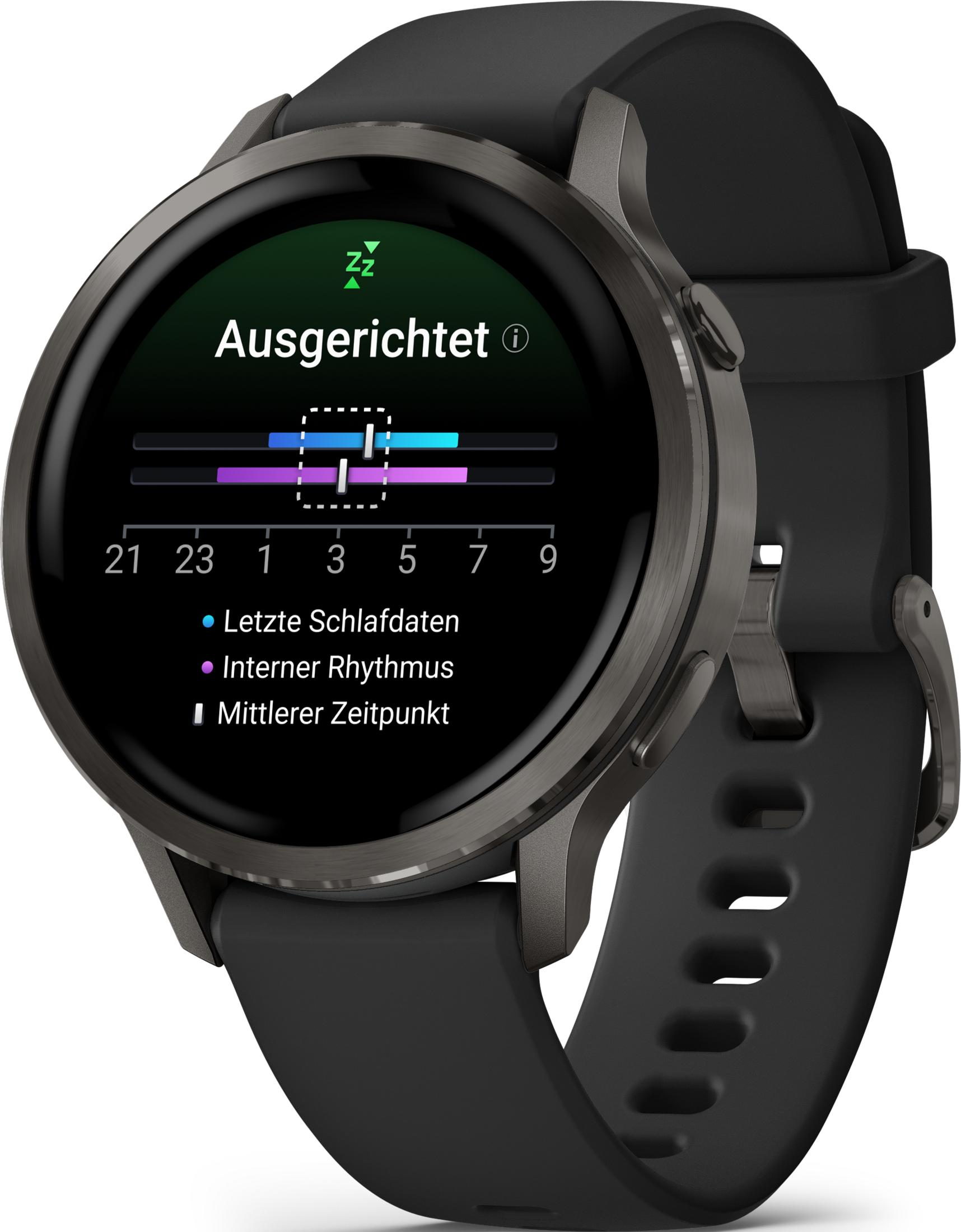 Czarny smartwatch wyświetla dane snu z osią czasu i napisem 'Wyrównany'.