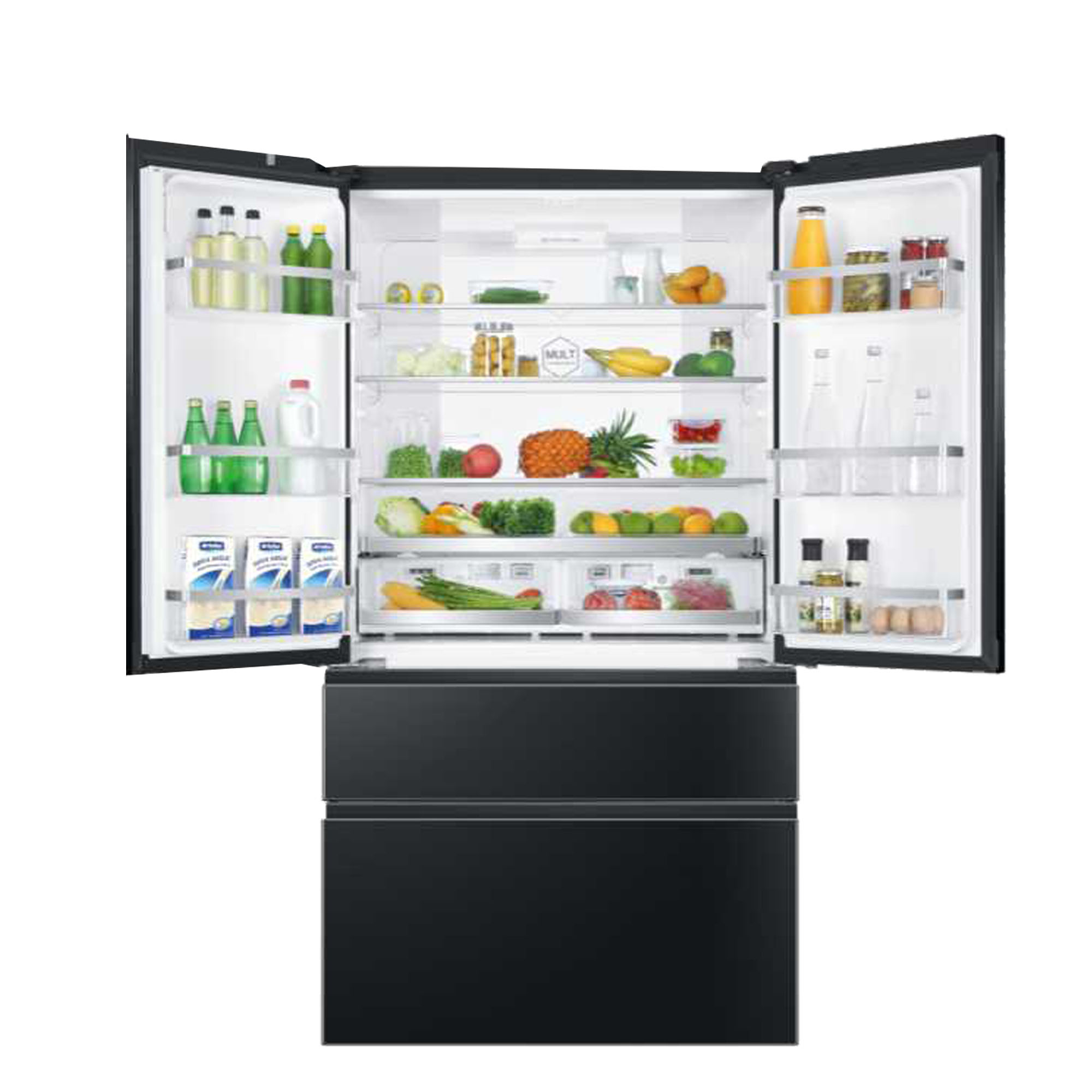 Refrigerador negro abierto con alimentos en los estantes.