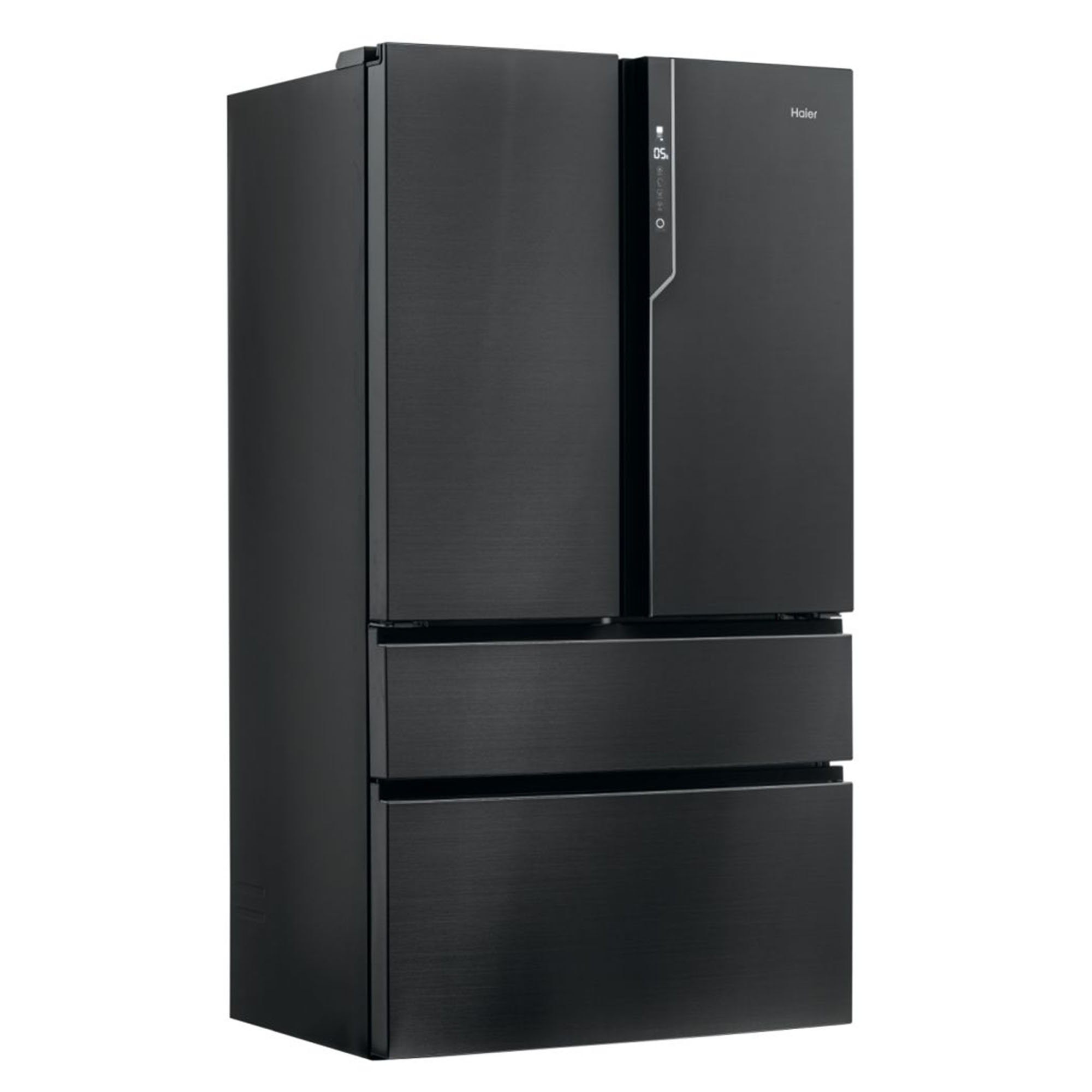 Refrigerador negro de cuatro puertas con pantalla digital.
