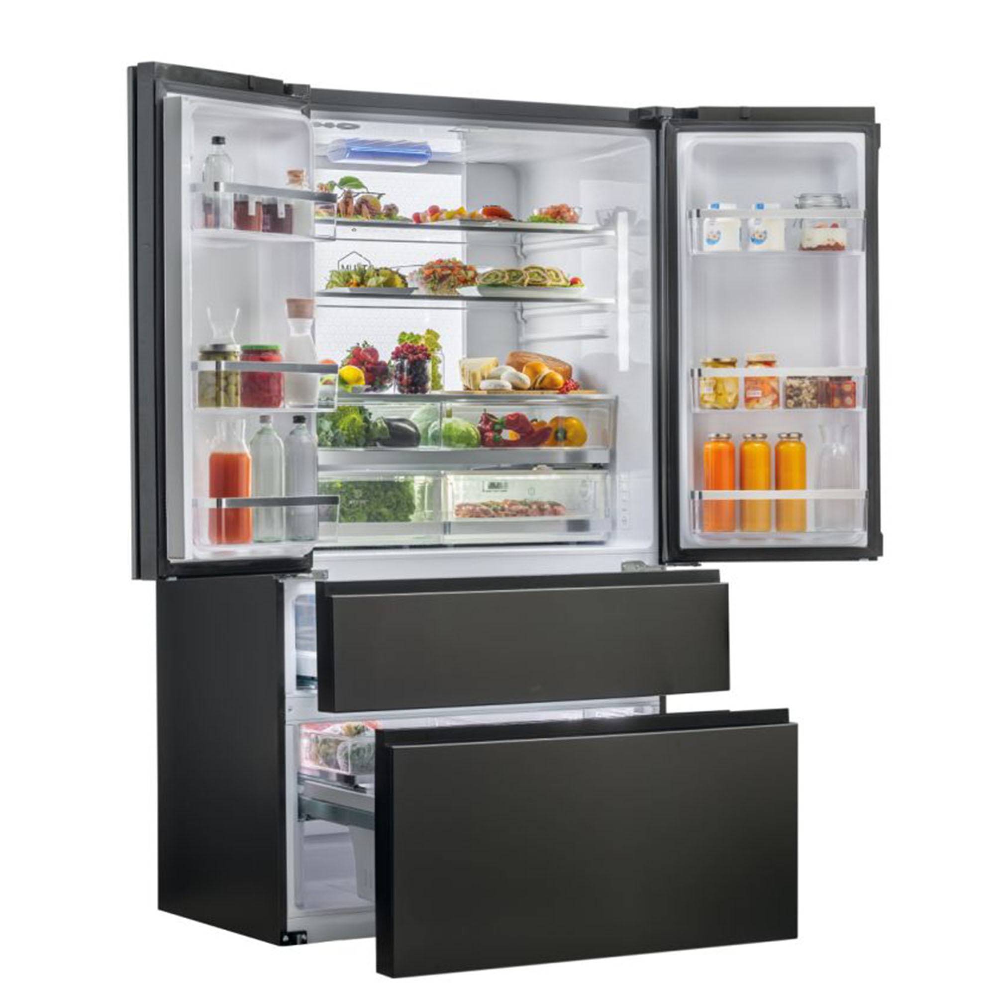 Un refrigerador negro abierto con alimentos en sus estantes.