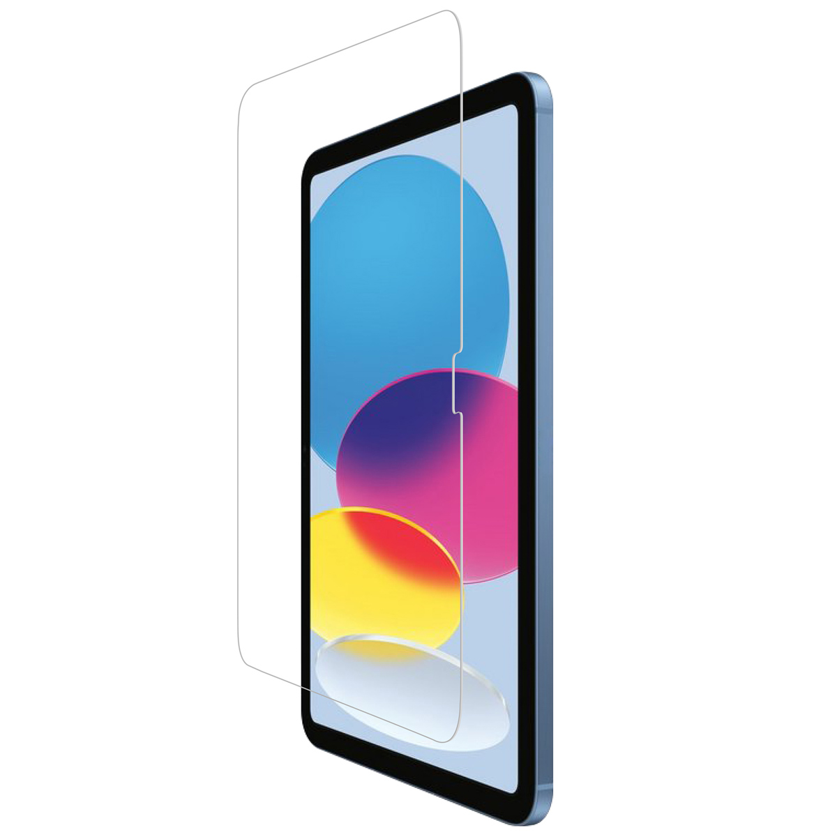 A blue tablet screen with colorful circles and a screen protector over it.