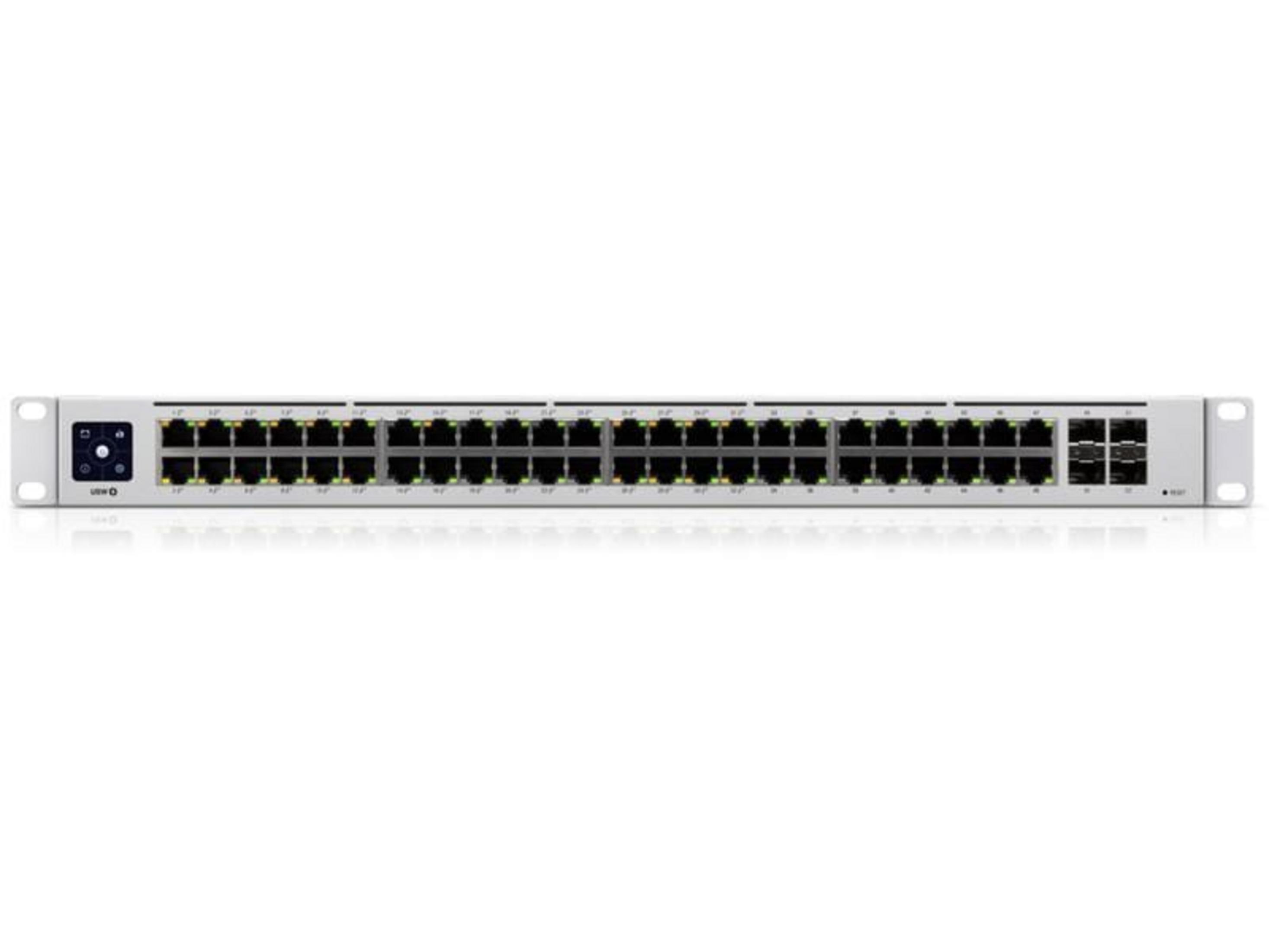 A silver network switch with 48 ports and a small display on the left.