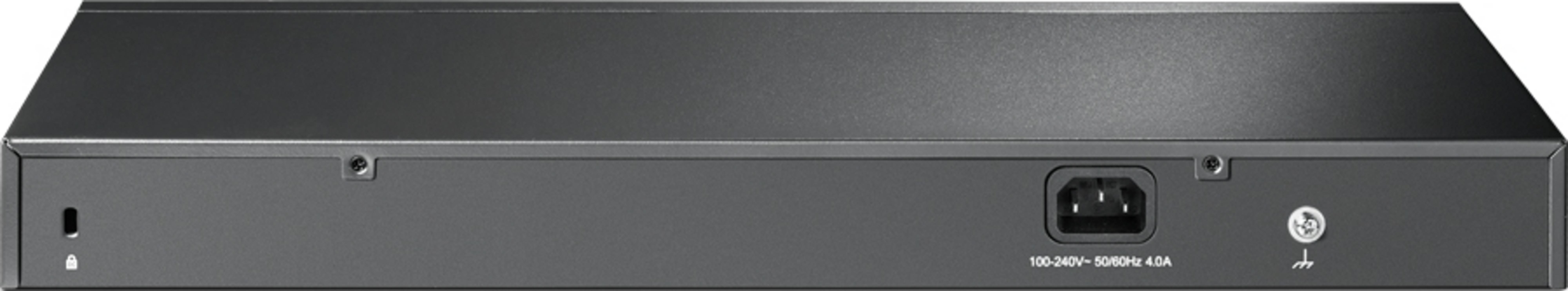 Tył czarnego urządzenia sieciowego z wejściem zasilania i symbolem uziemienia.