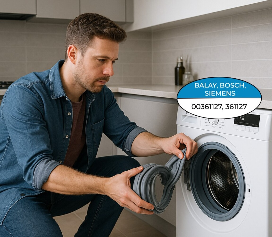 Hombre reemplazando junta de lavadora. Marcas: Balay, Bosch, Siemens. Ref. 00361127