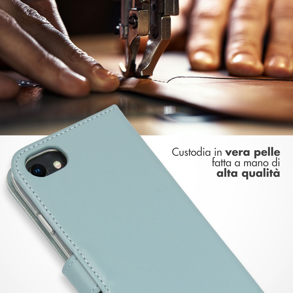 Mains cousant du cuir avec une machine à coudre. Étui de téléphone bleu clair.