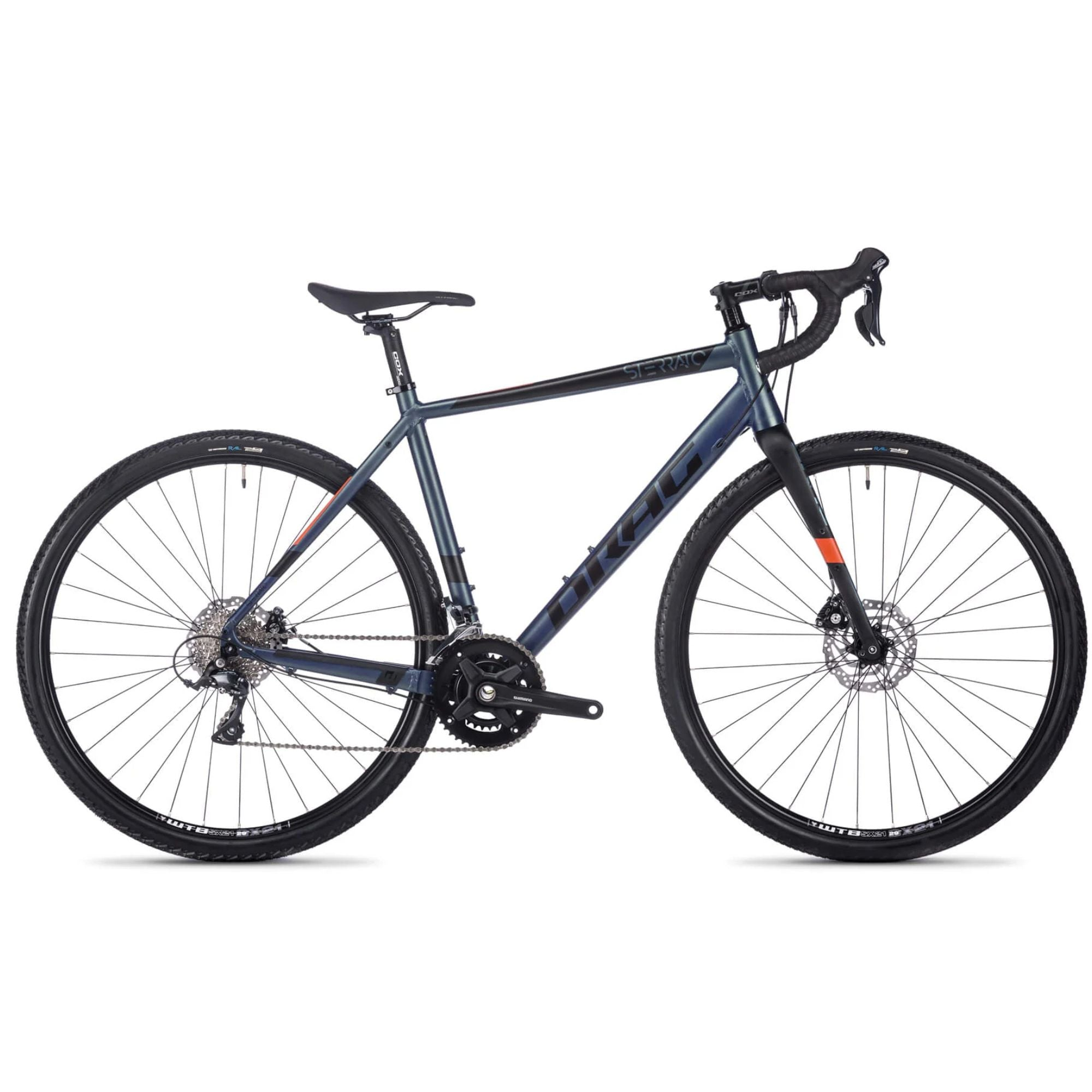 Dunkelblaues Gravelbike mit schwarzen Reifen und Felgen, silbernen Speichen und Scheibenbremsen.