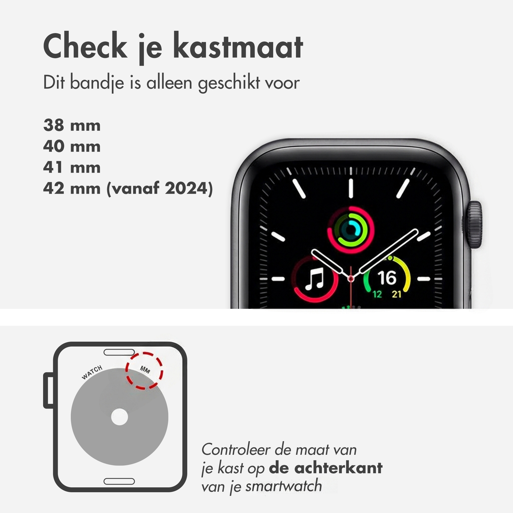 Czarny smartwatch z tarczą i oznaczeniami rozmiaru.