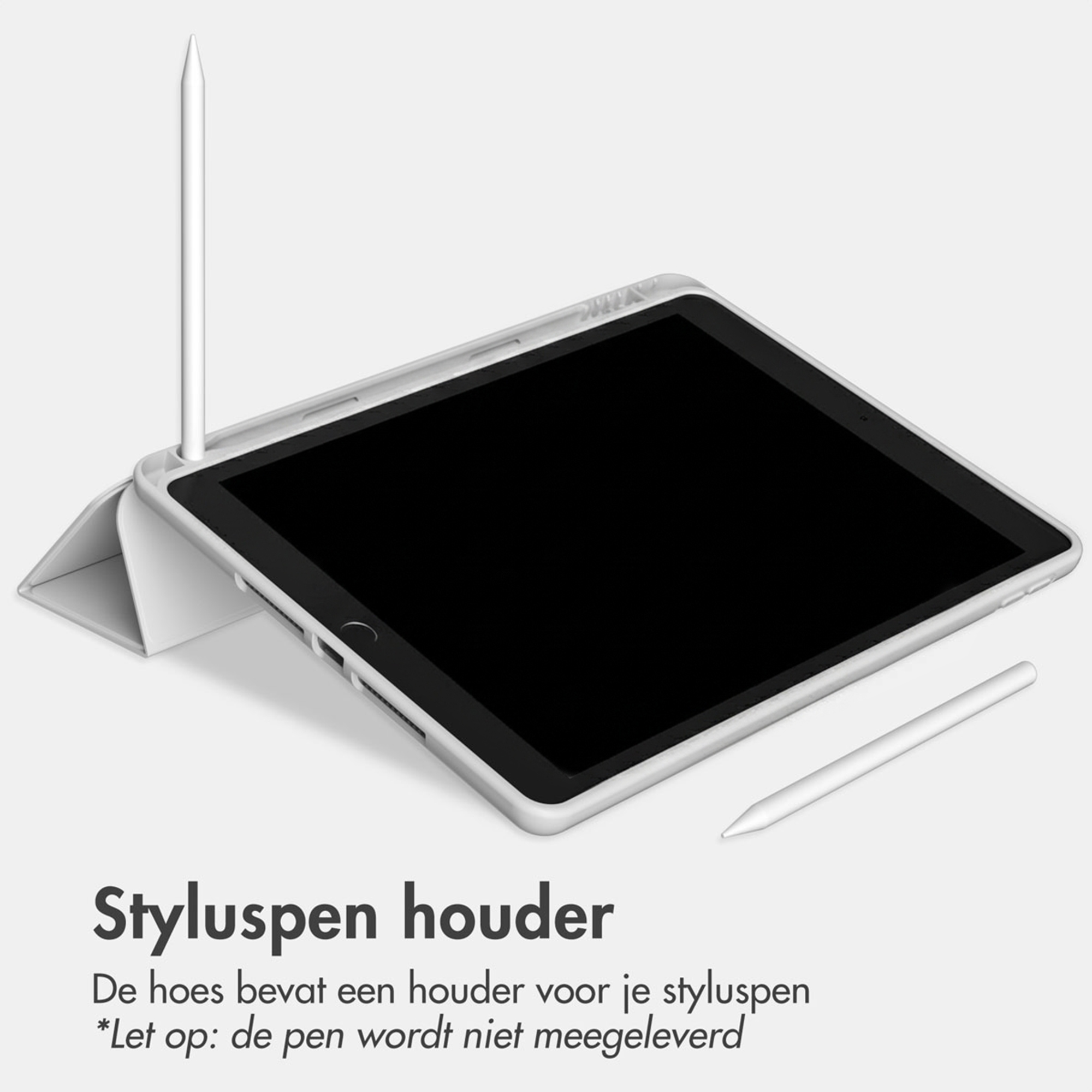 A tablet in a case with a stylus holder; one stylus is in the holder.