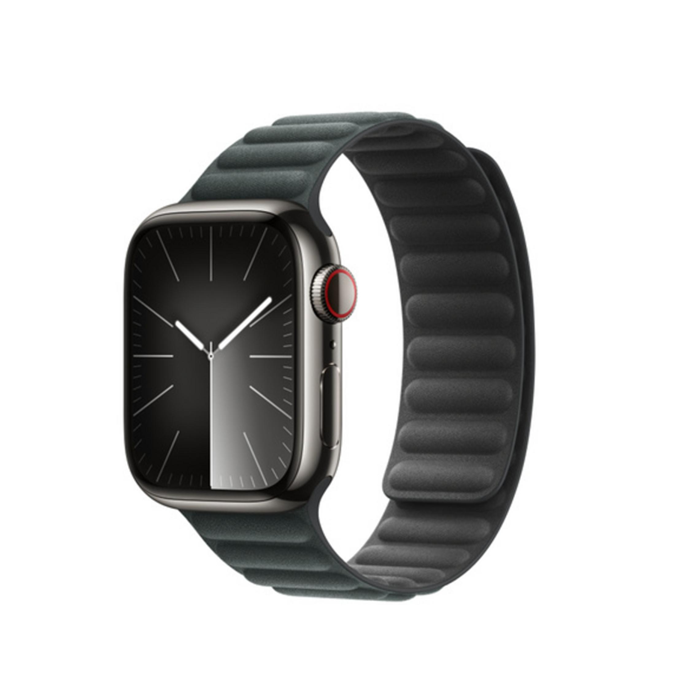 A gray smartwatch with a dark face and a folded band. It has a red accent on the side button.