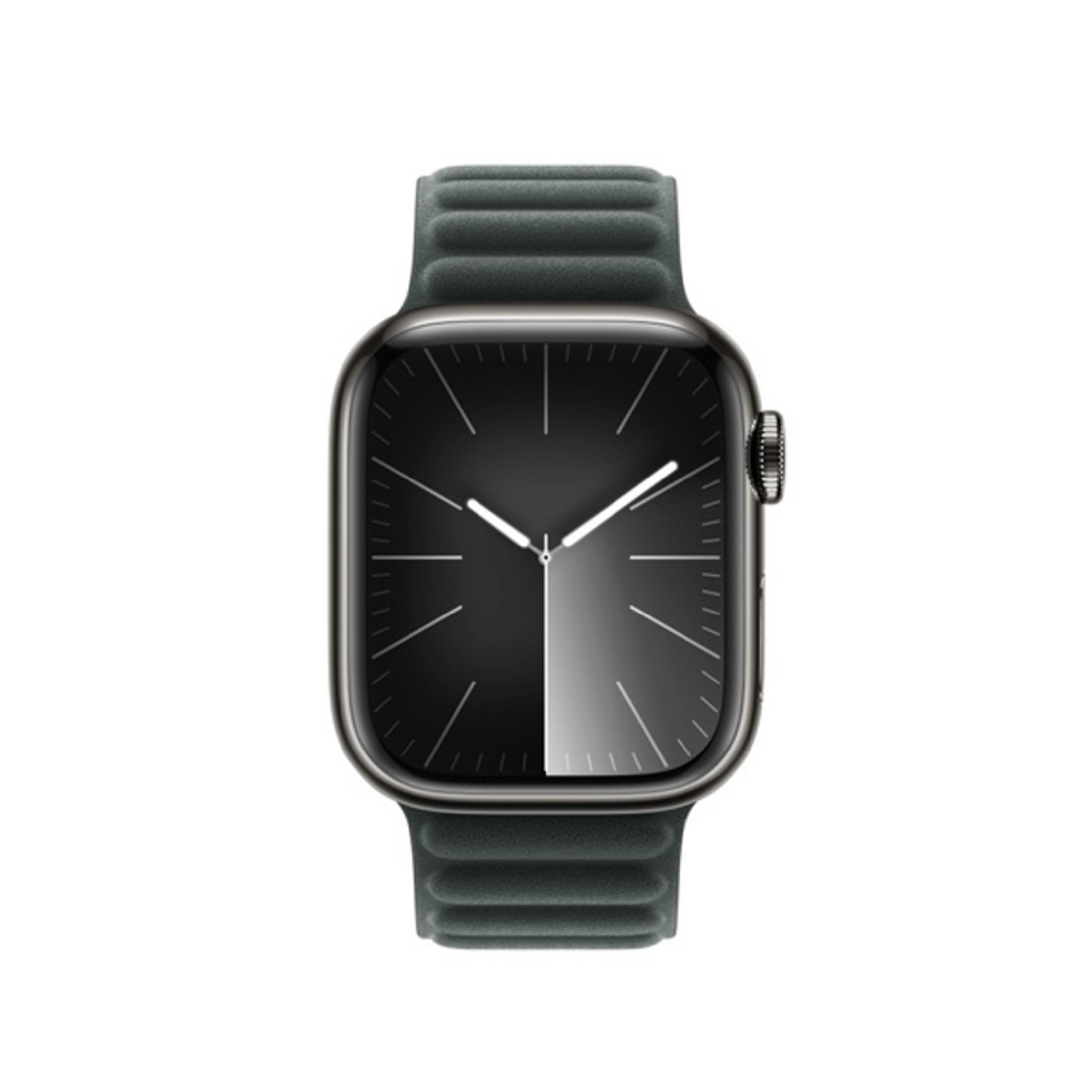 A dark smartwatch with a gray band and a black watch face.