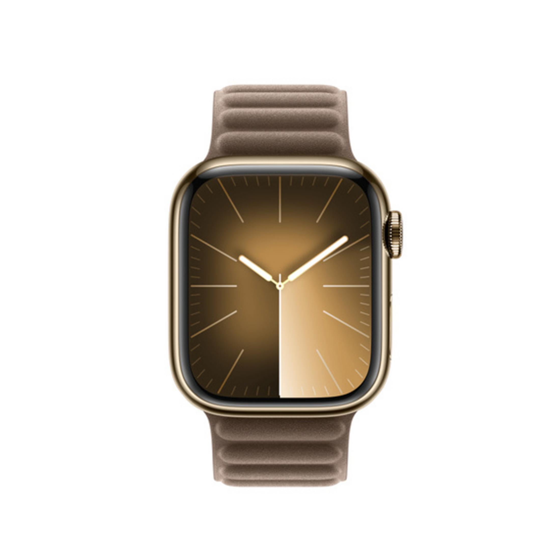 Montre connectée dorée avec bracelet en cuir marron et cadran marron.