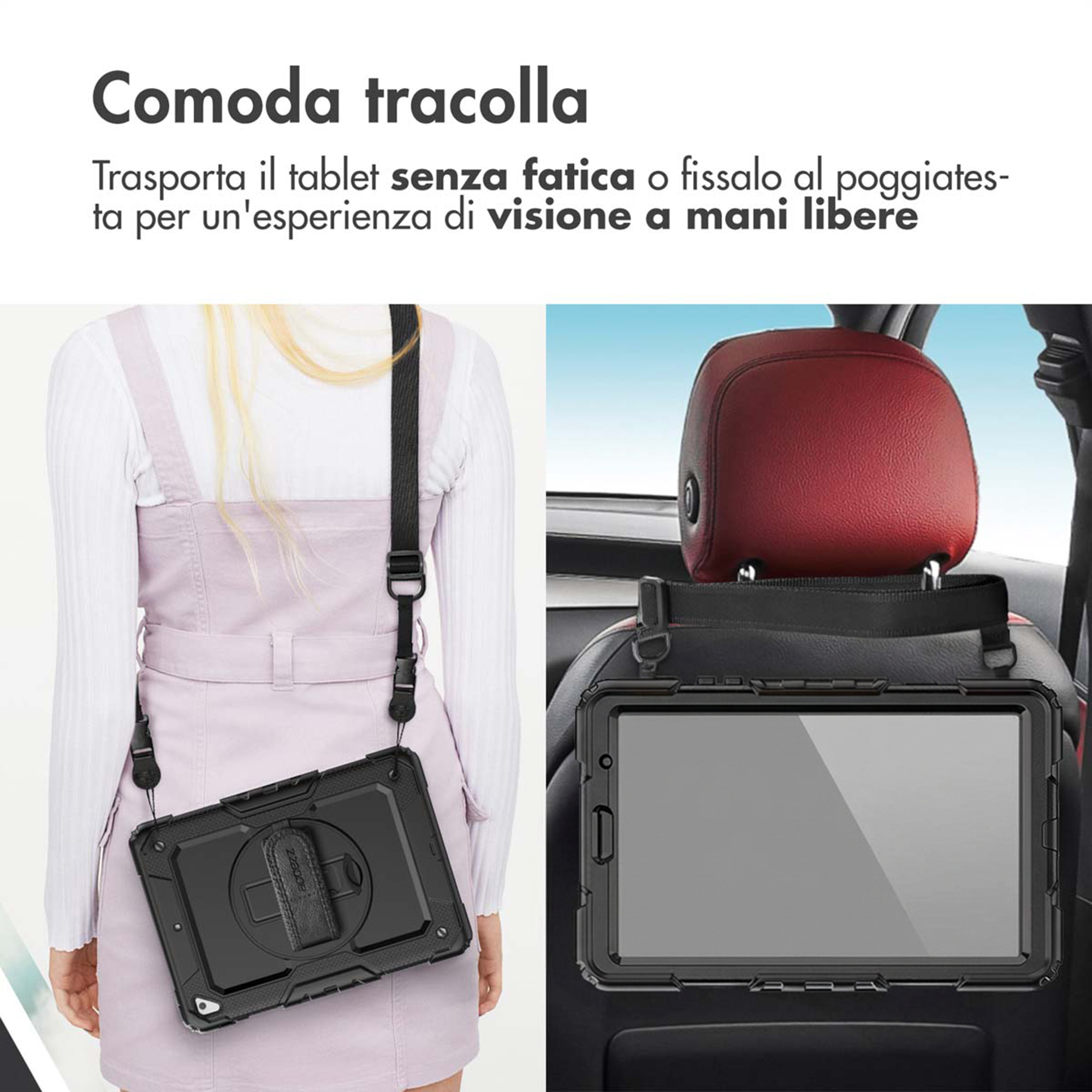 Une tablette noire avec support fixée à un siège de voiture.