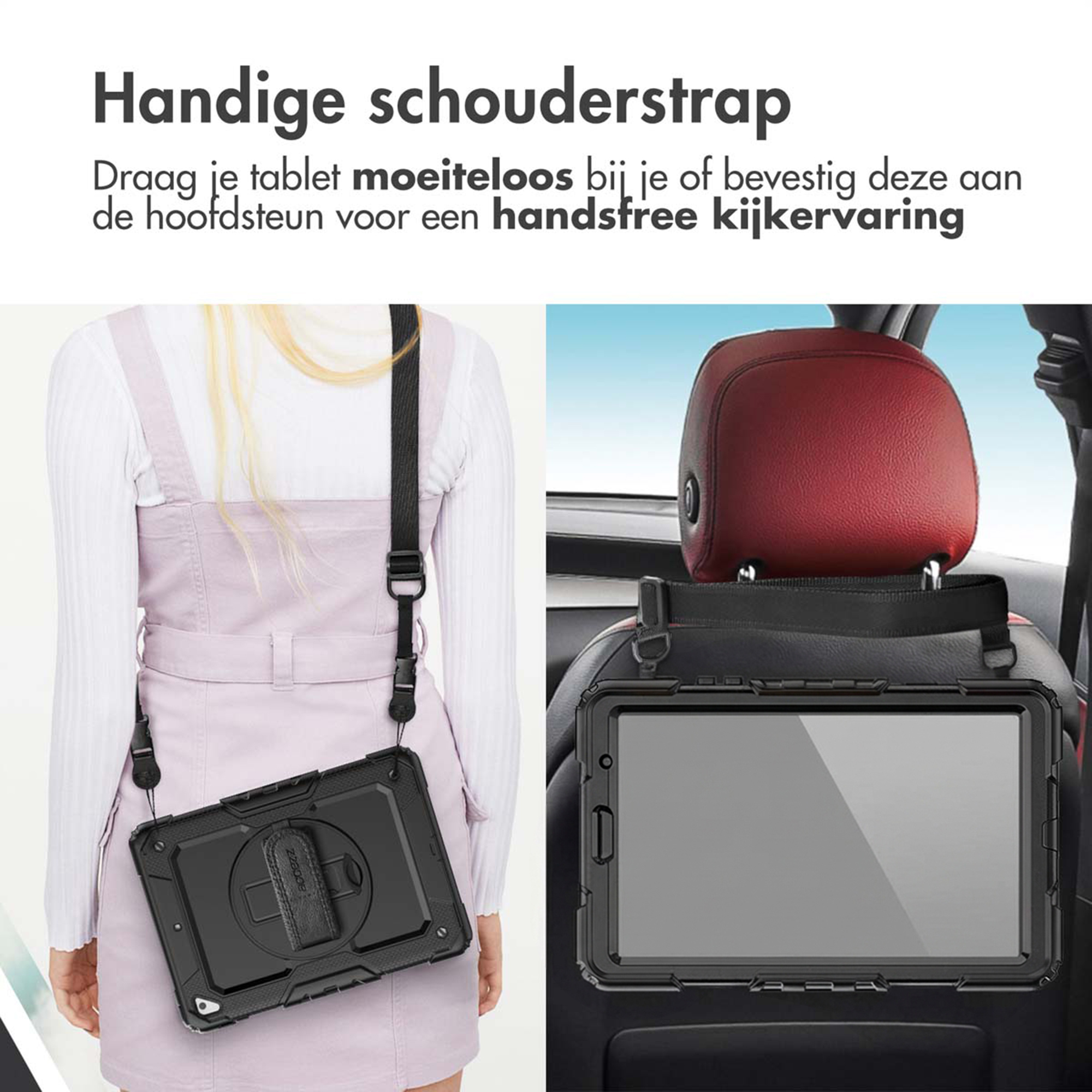 Une tablette noire dans un étui de protection, fixée à un appuie-tête de voiture.
