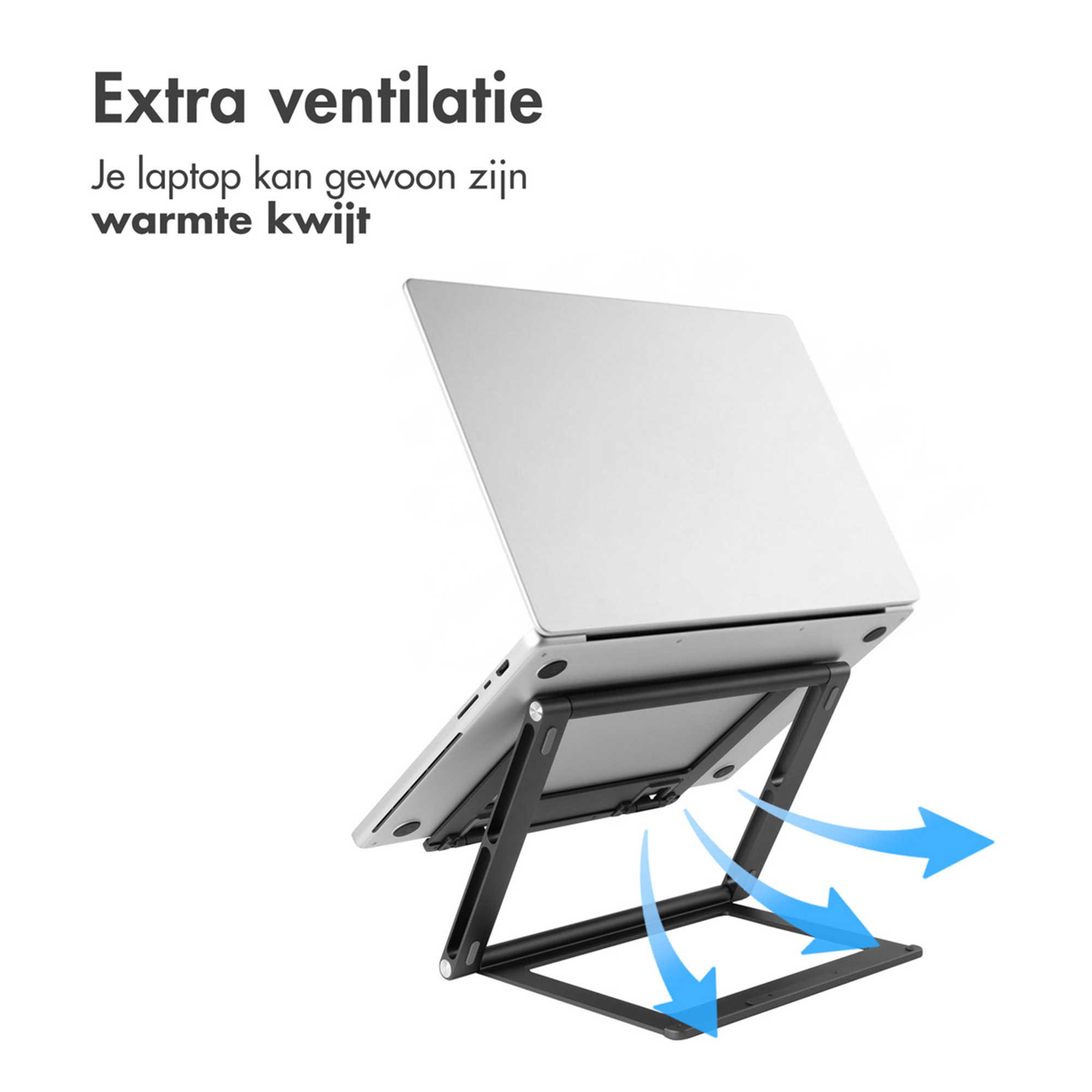 A laptop on a black stand with blue arrows indicating ventilation.