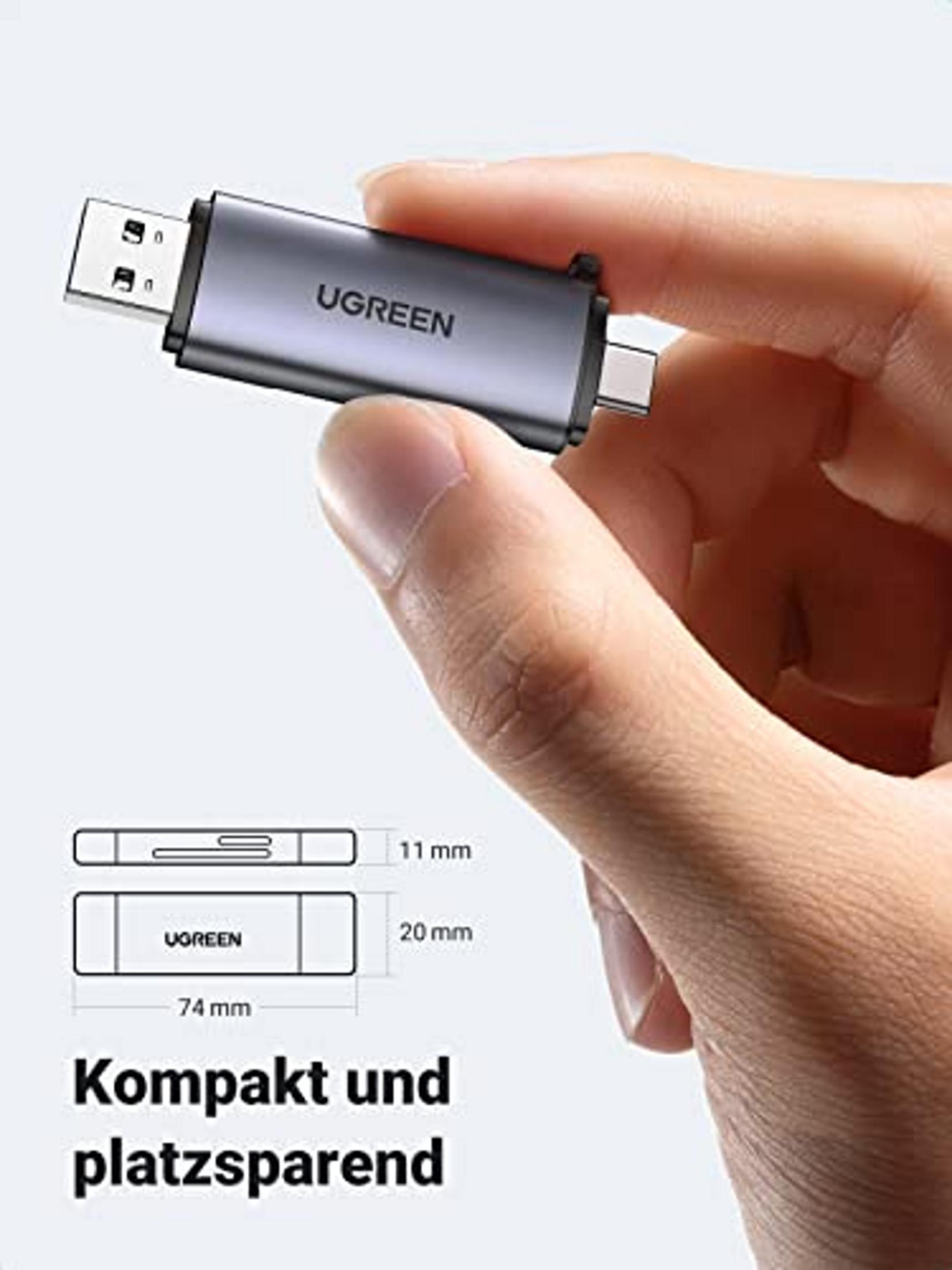 Adapter UGREEN USB-C trzymany w dłoni. Podano wymiary.