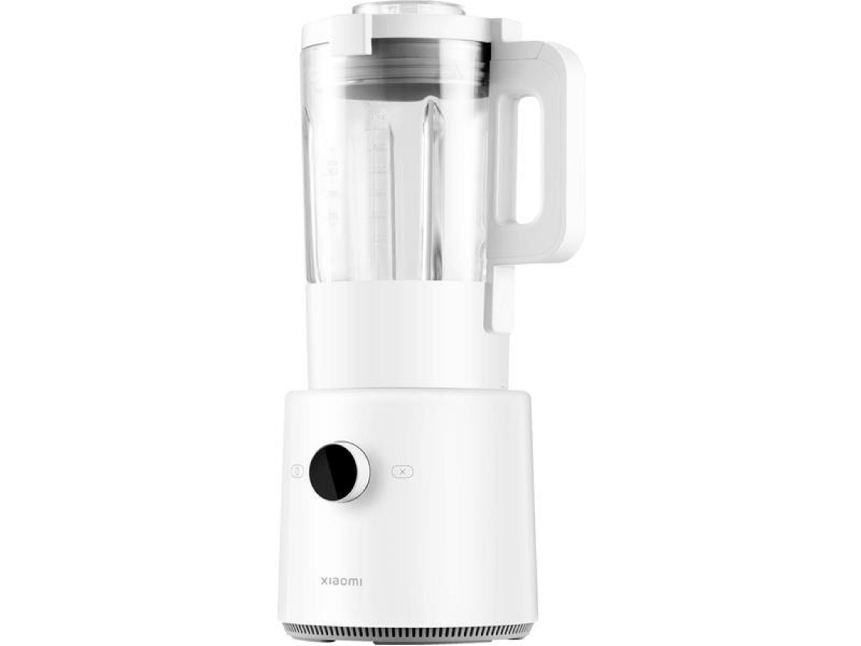 Een witte blender met een transparante kan en een zwarte bedieningsknop.