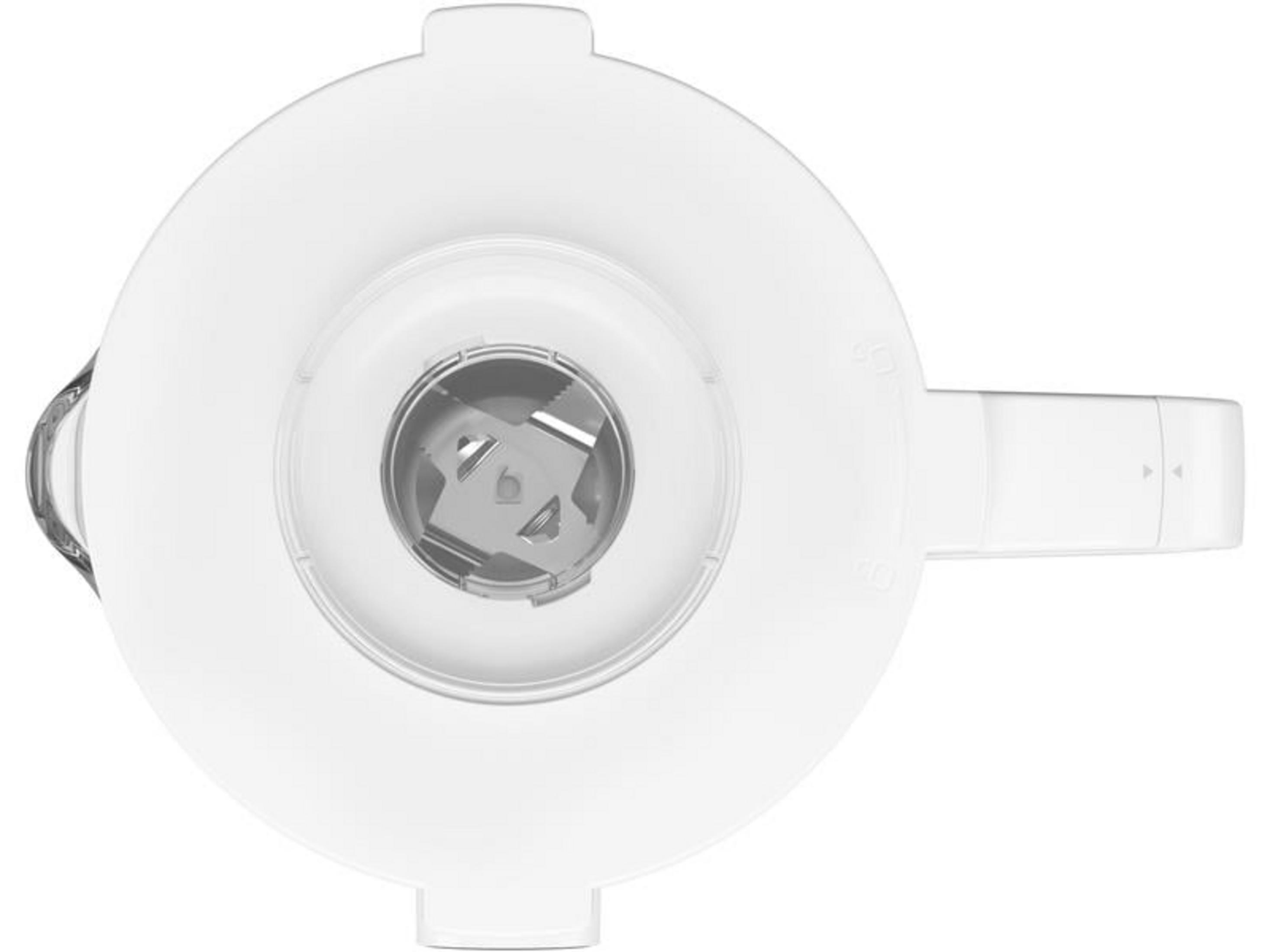 Bovenaanzicht van een witte blender met zilveren messen en handvat.