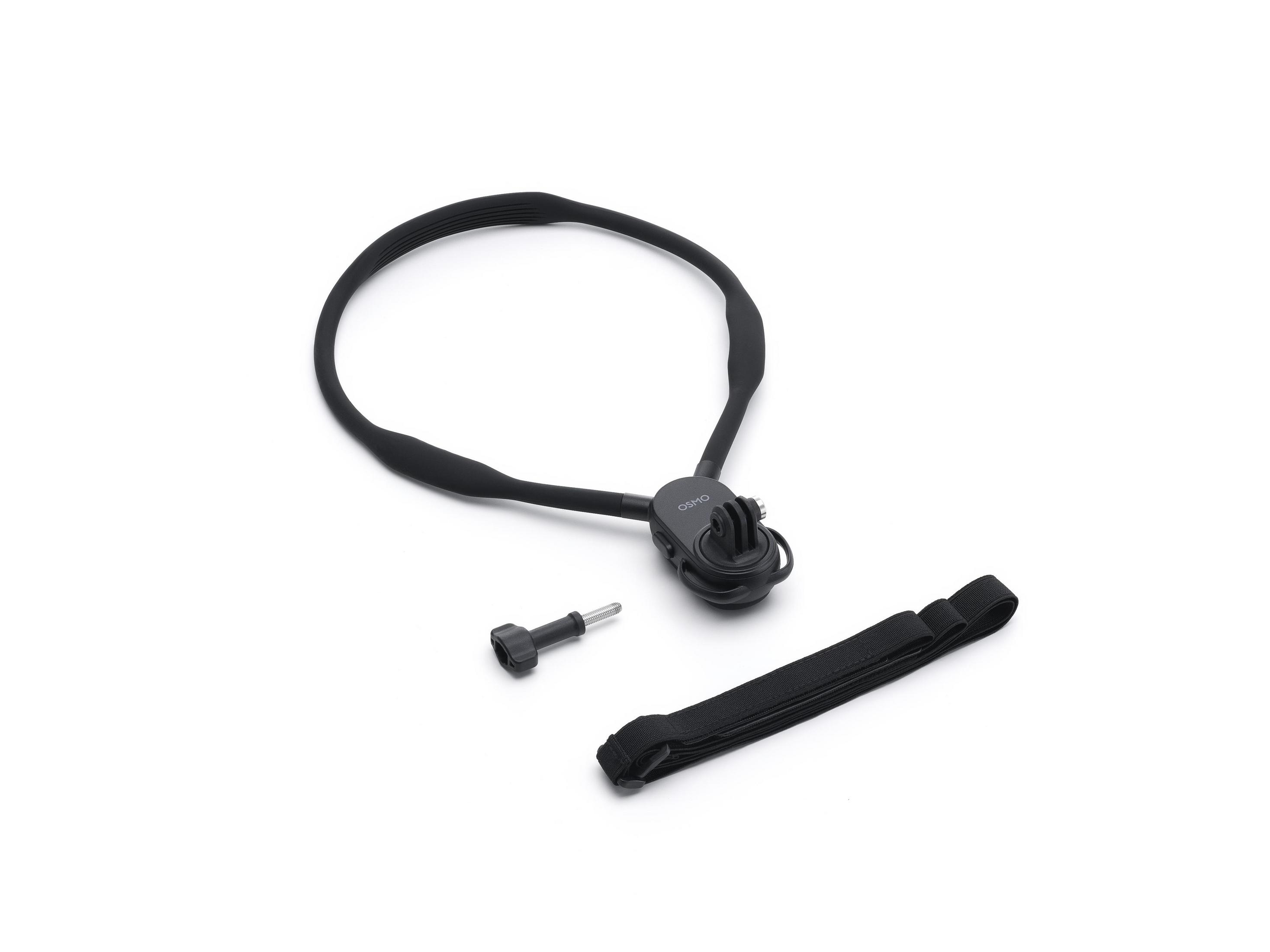 Een zwarte Osmo nekband met accessoires, op witte achtergrond.