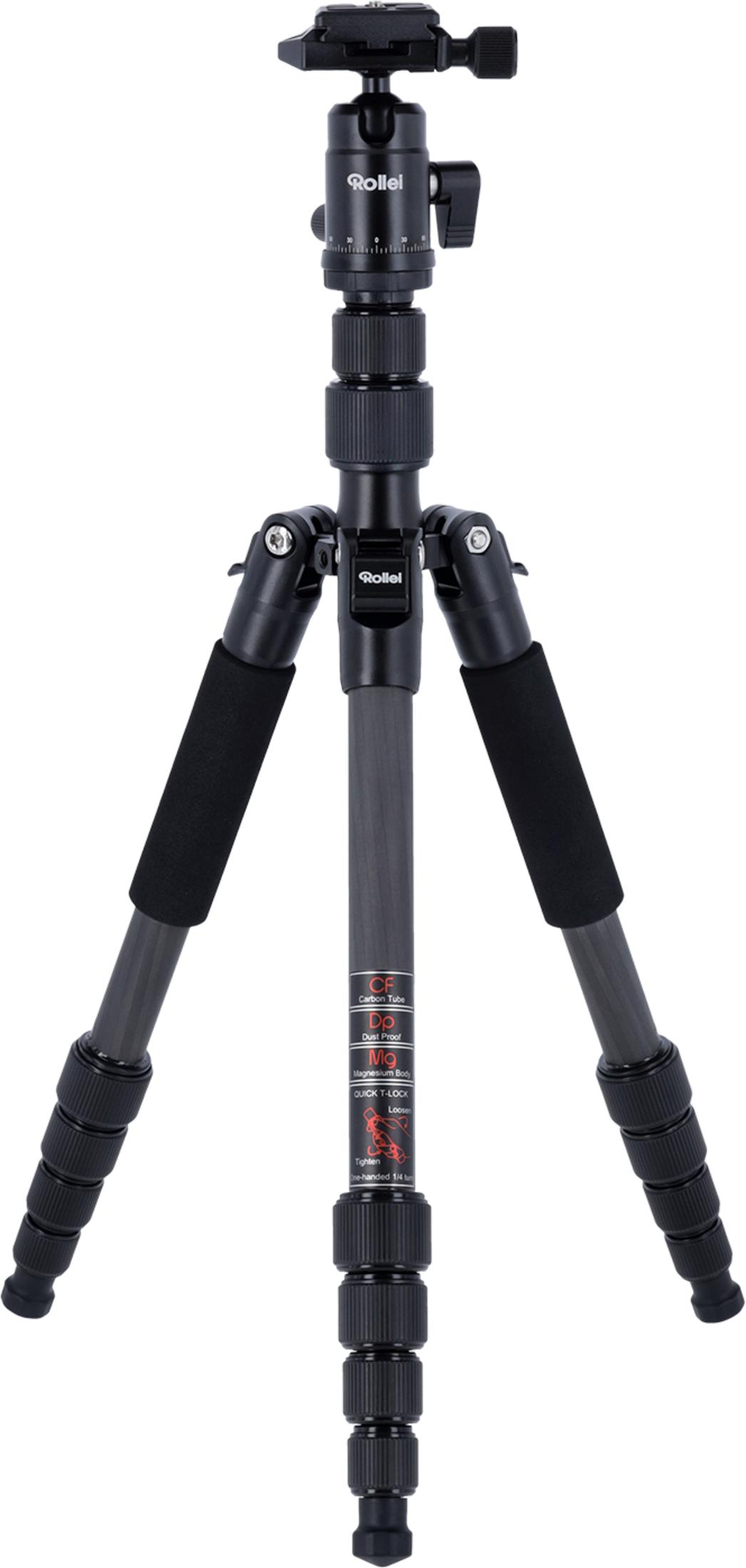 Czarny statyw Rollei z włókna węglowego z trzema nogami, regulowaną głowicą i piankowymi uchwytami.