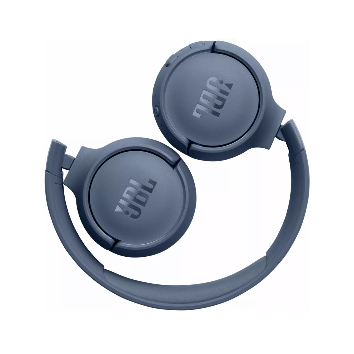 Niebieskie słuchawki JBL z nausznymi muszlami, na białym tle.