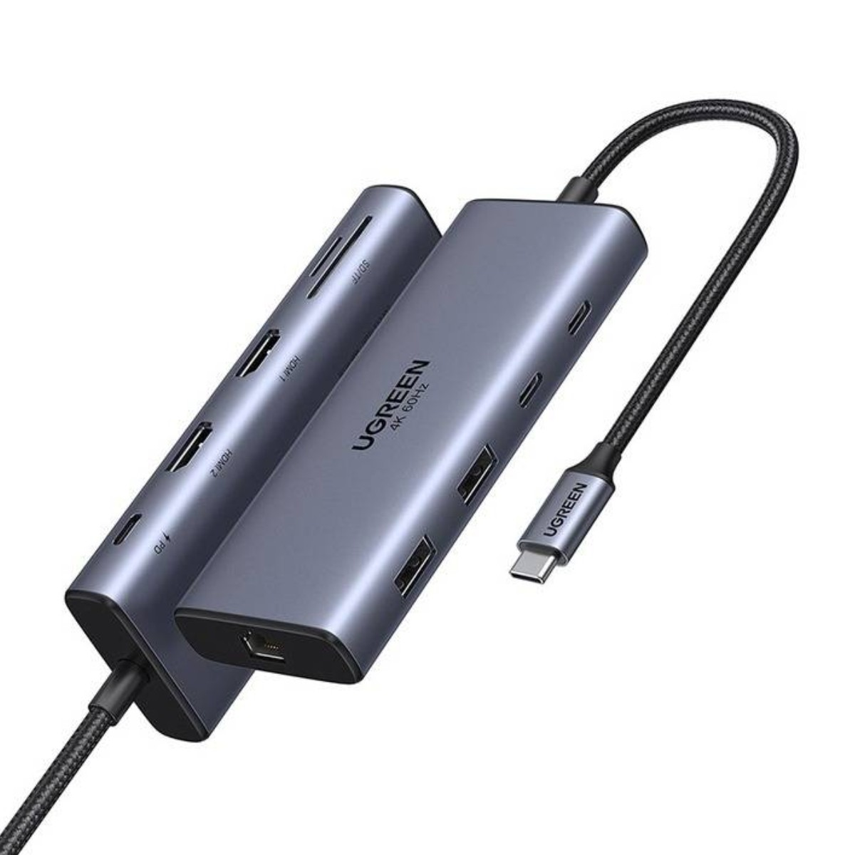 Zwei graue UGREEN USB-C-Hubs mit mehreren Anschlüssen und Kabeln auf weißem Grund.