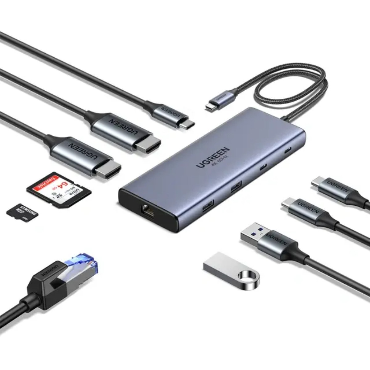 UGREEN USB-C Hub mit Kabeln, SD-Karten, USB-Stick und Ethernet-Kabel.
