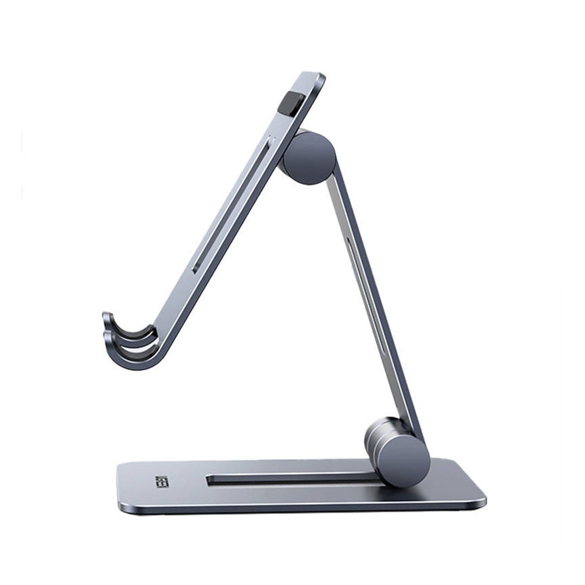 Srebrny, regulowany stojak na tablet z płaską podstawą i dwoma ramionami. Pokazany na białym tle.