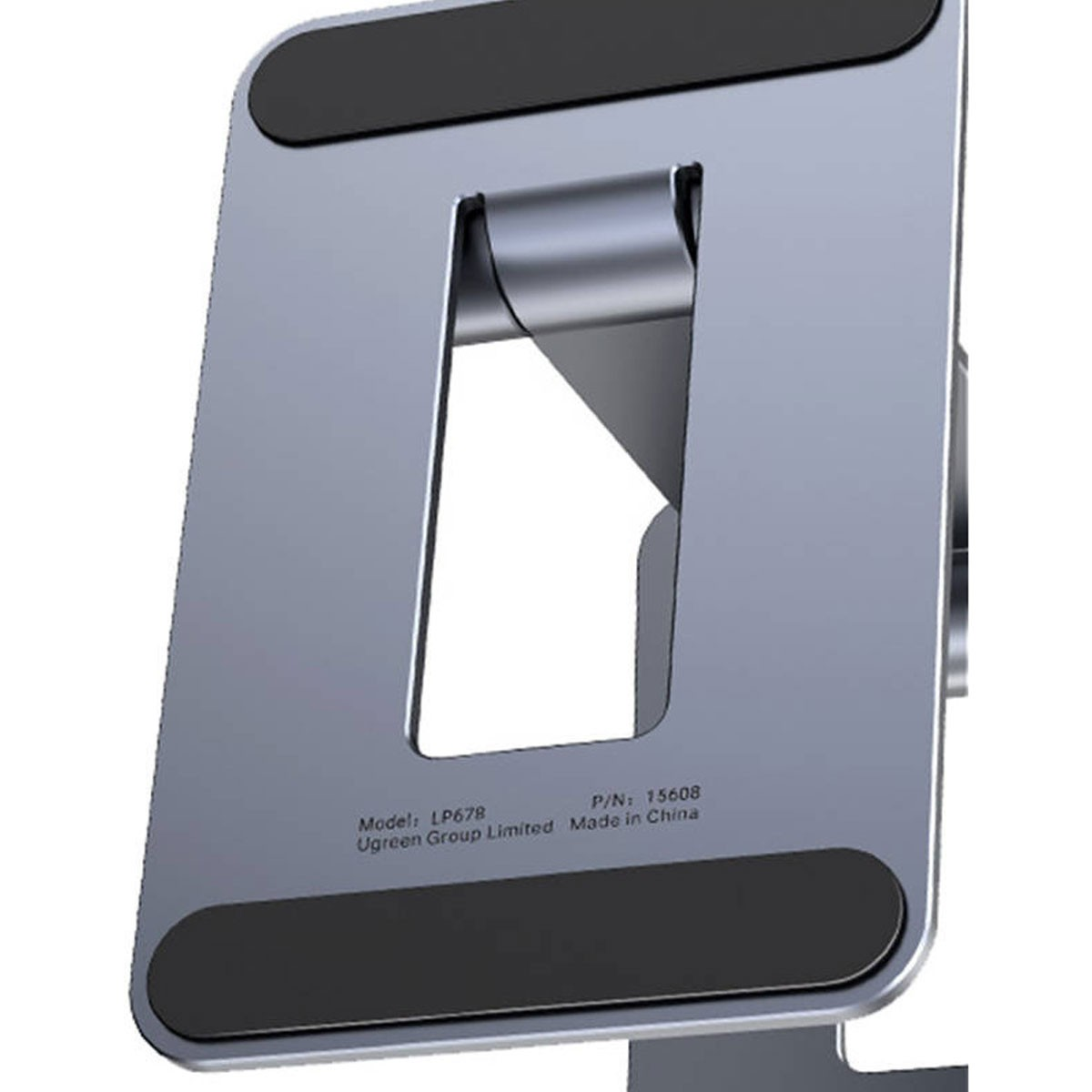 Srebrny metalowy stojak na laptopa z czarnymi gumowymi uchwytami na górze i na dole. Model LP678.