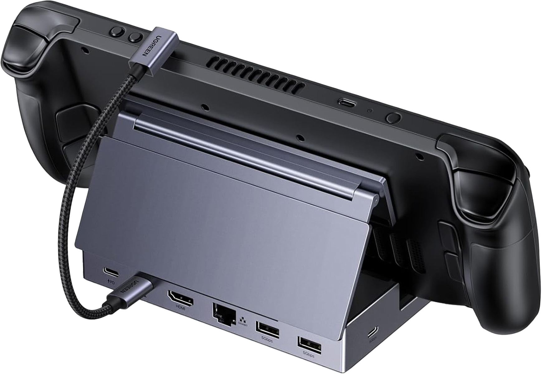 Czarny handheld podłączony do szarej stacji dokującej kablem USB-C.