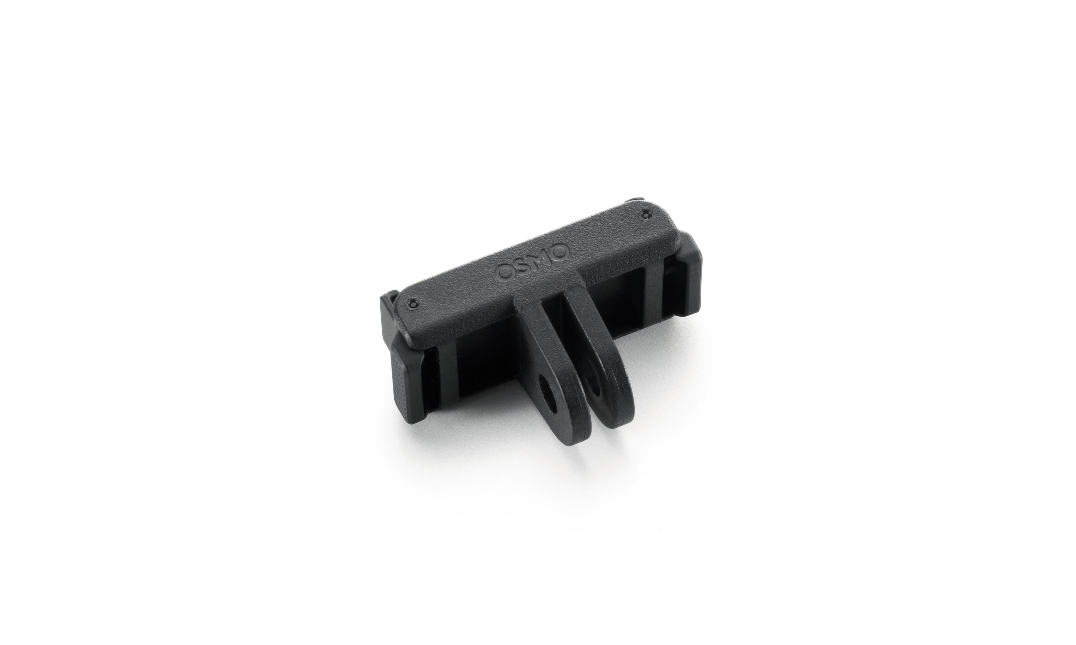 Adaptador Osmo negro con dos orificios de montaje sobre fondo blanco.