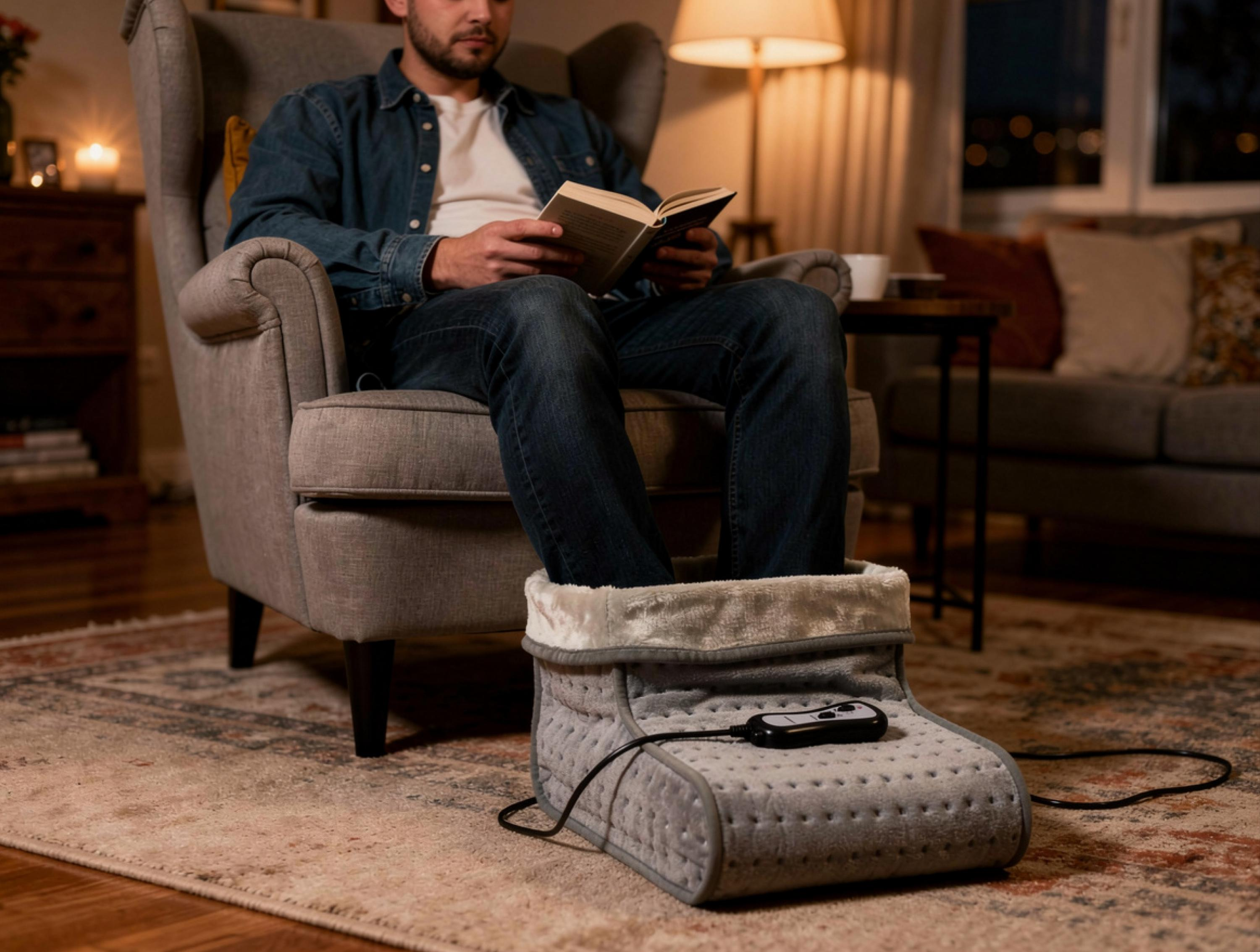 Hombre leyendo libro en sillón, pies en calentador de pies eléctrico.