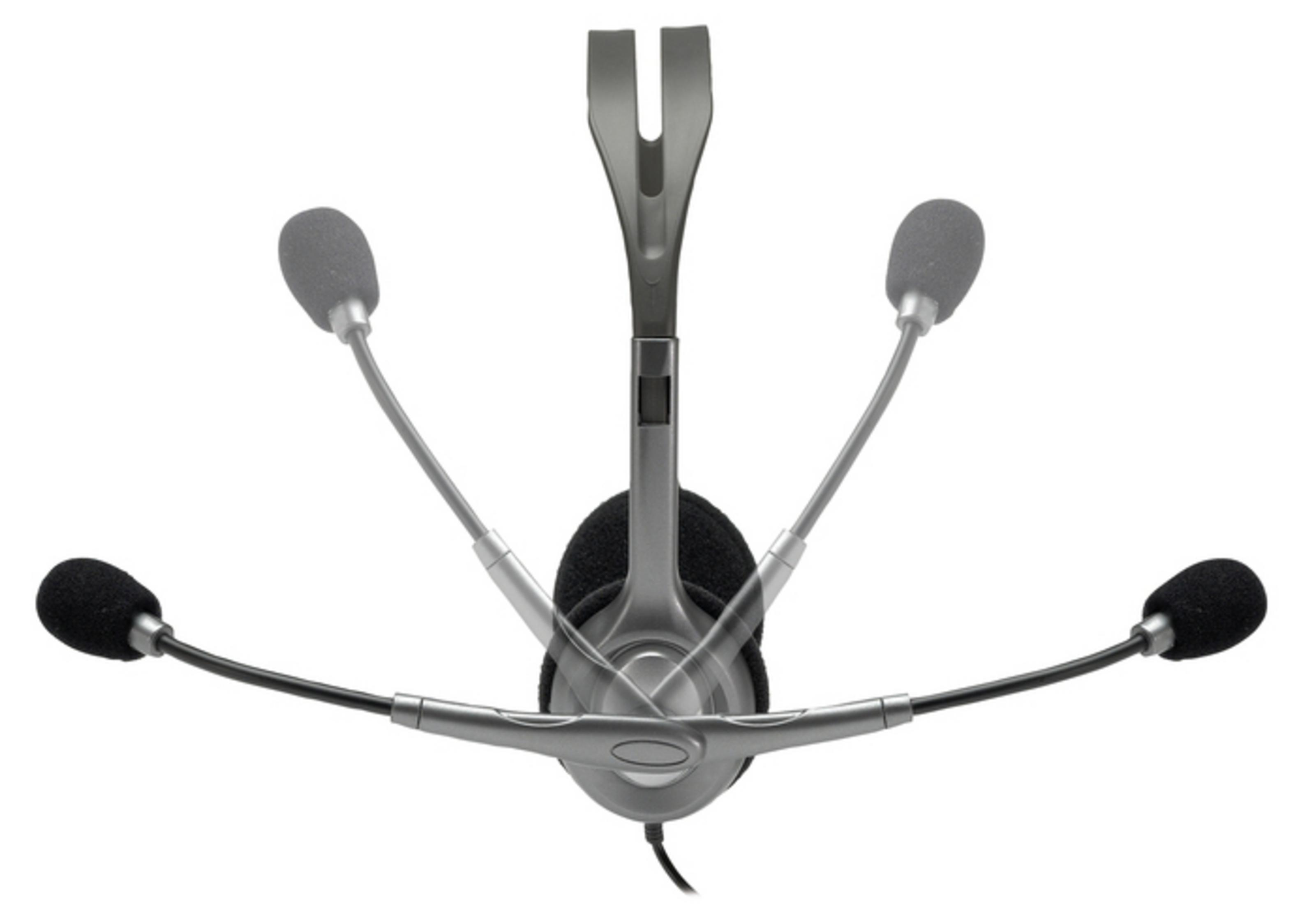 Graues Headset mit drei Mikrofonen und schwarzem Kopfbügel, auf weißem Hintergrund.
