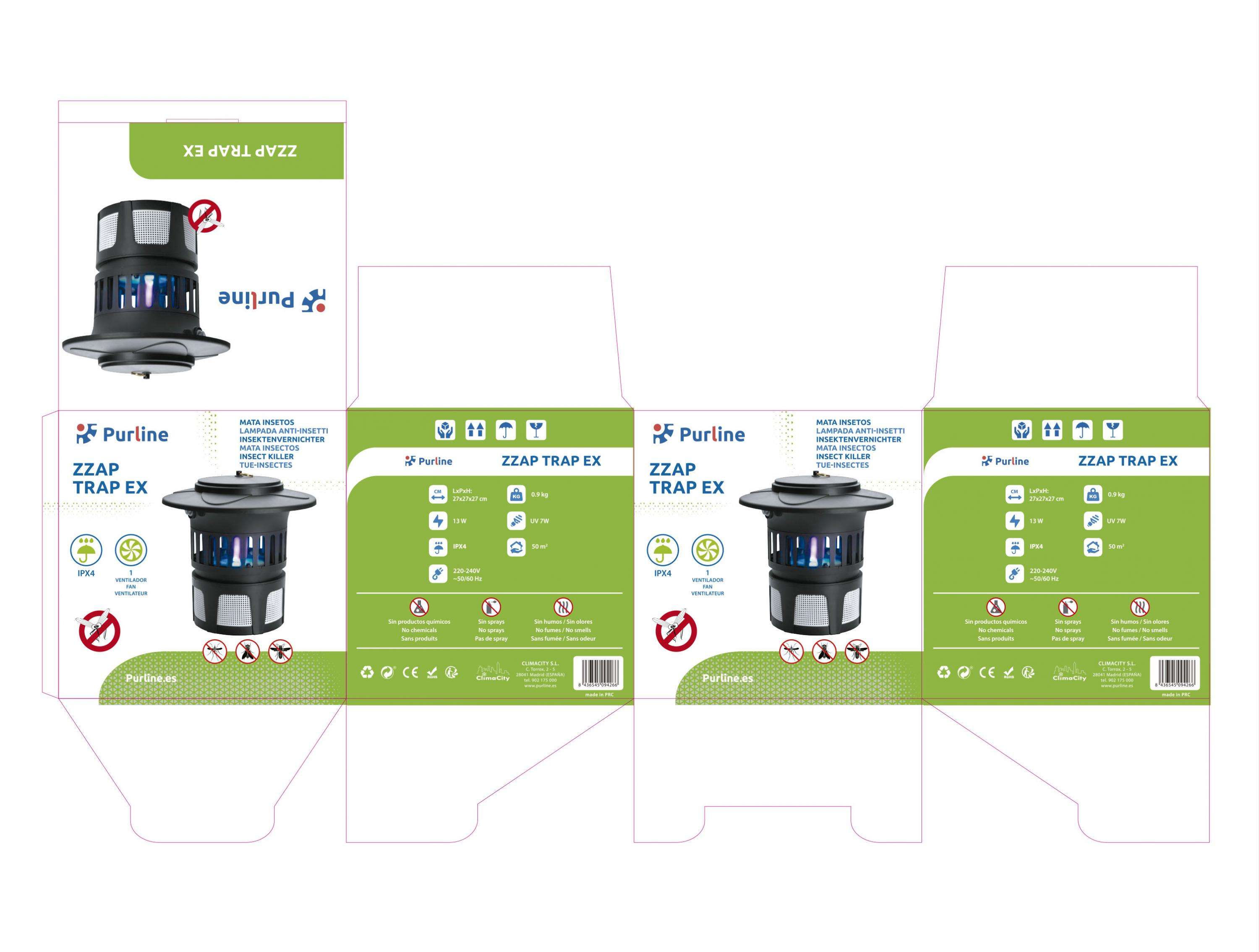 Insecticida con luz UV, 13W, IPX4, 50m², 0.9kg, 27x27x27cm.