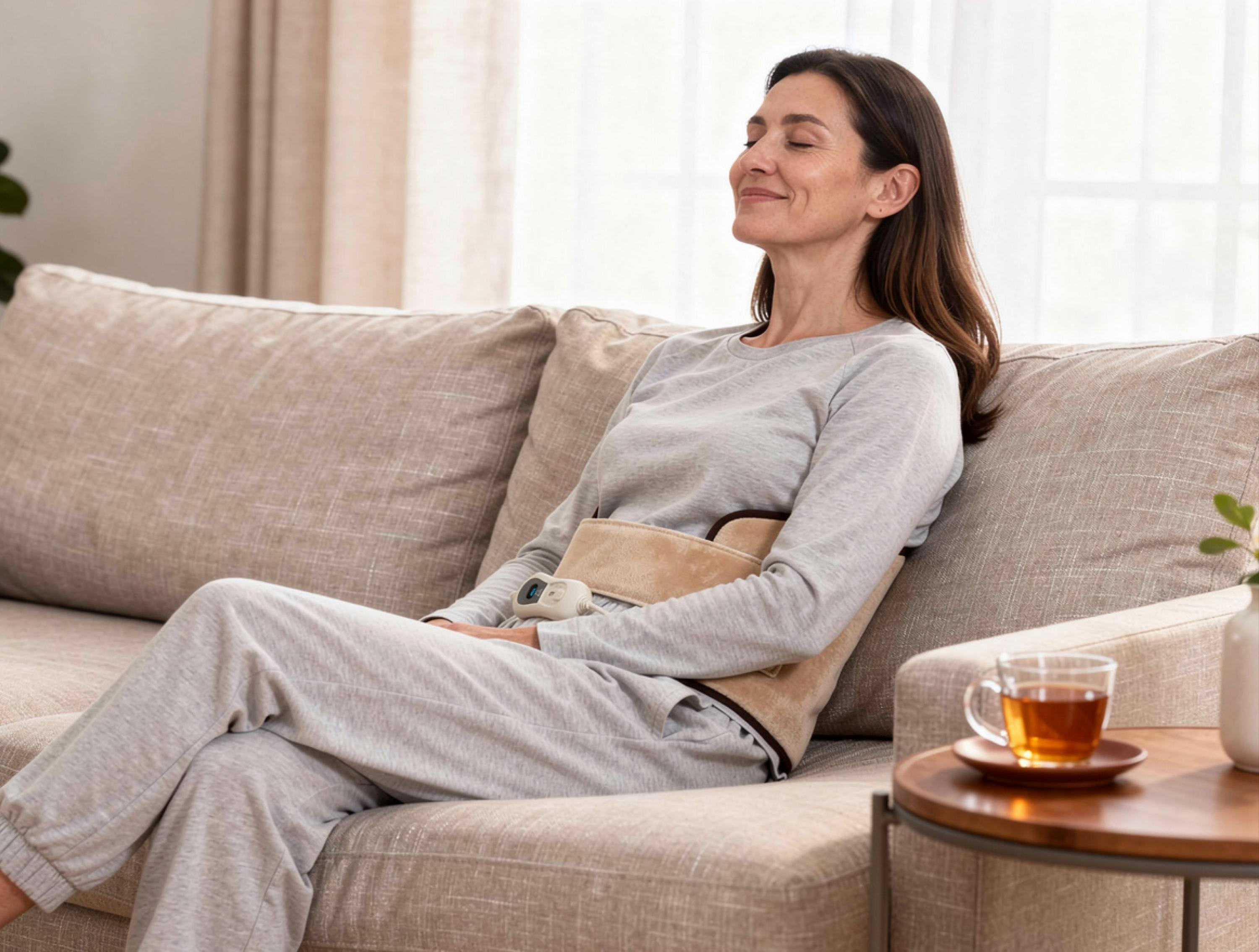 Una mujer se relaja en un sofá con una almohadilla térmica en la espalda y una taza de té al lado.