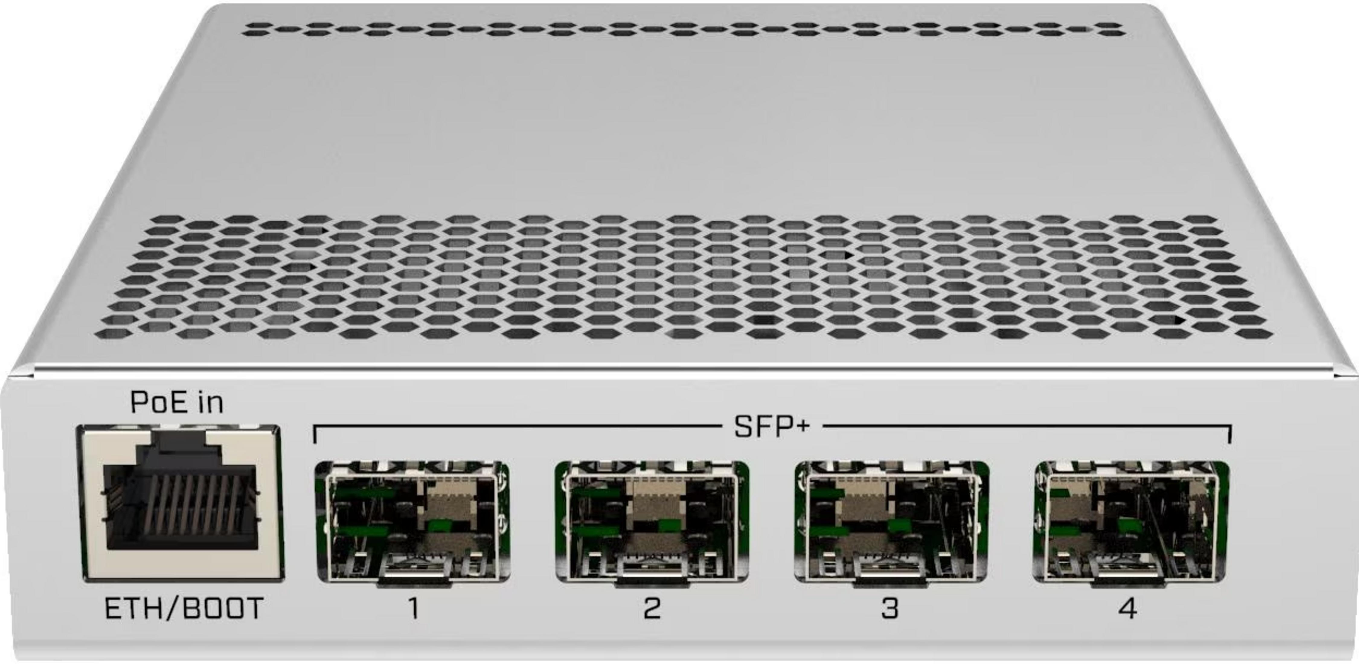 Srebrne urządzenie sieciowe z wejściem PoE i czterema portami SFP+.
